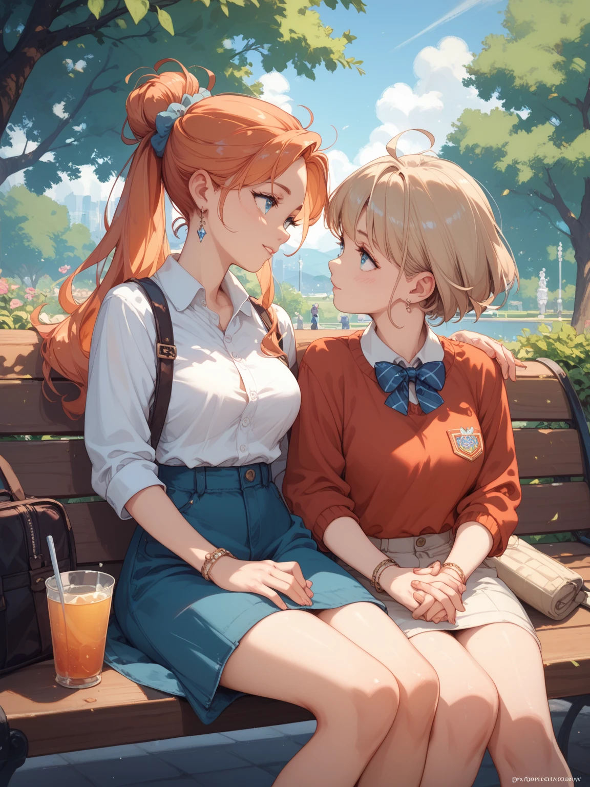 Spectacular anime style. In a park two women are sitting on a bench holding hands and looking into each other's eyes. Their story is a mystery. The image lets the viewer's imagination run wild. 