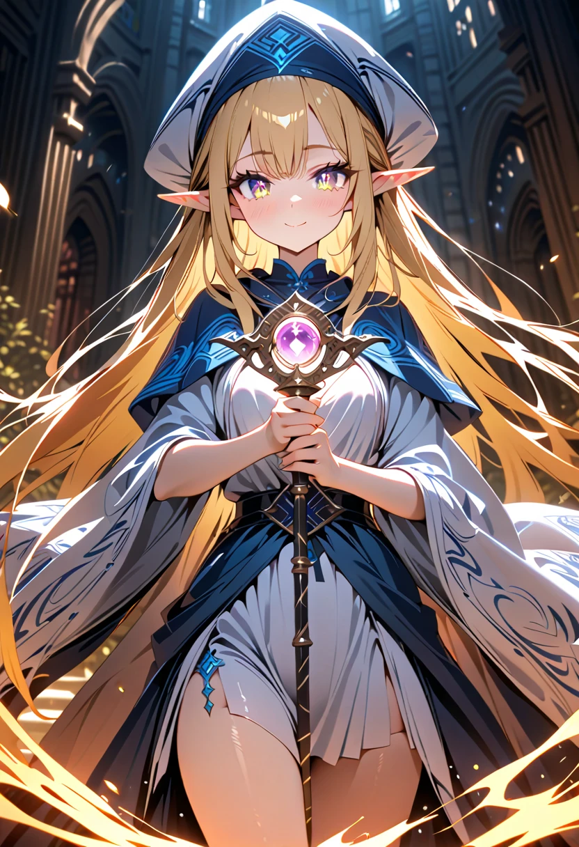 1girl, (beautiful Elf, dark fantasy), great wizard, wearing elegant magic robe, detailed beautiful face, (finely detailed beautiful eyes), smile, (long straight hair, shiny blonde hair, bangs), hat, Holding a magic staff, BREAK, 
elegant, gorgeous, delicate features, BREAK, 
(cowboy shot, face focus), deep depth of field, stunning, fascinating, enchanting, cinematic lighting, cinematic composition, anime style, vibrant colors, thin lines, dreamlike, 
absurdres, highres, masterpiece, best quality, newest, very aesthetic, ultra quality, high detailed, anatomically correct, perfect hands,