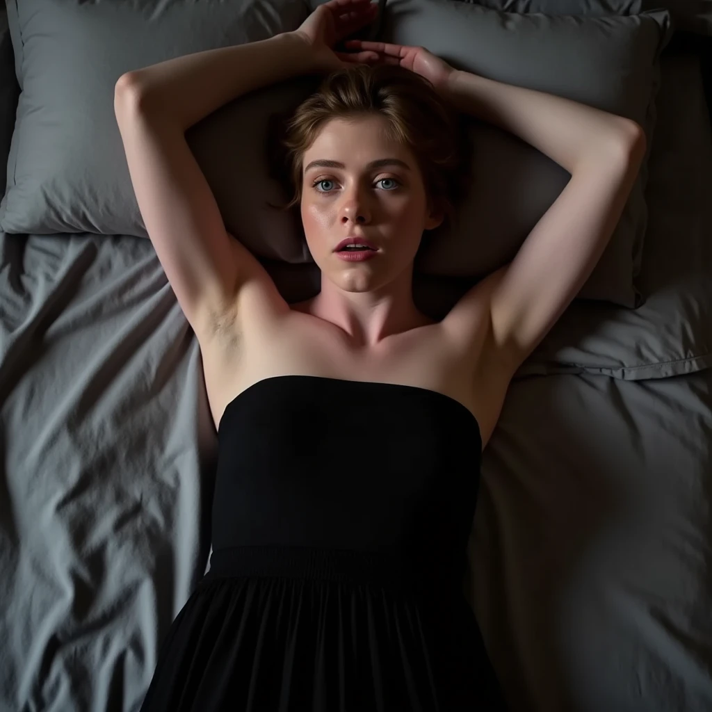 1girl in, age14, naked, Solo, Aesthetic artwork, irish redhead, curly ginger hair, shoulder length ginger hair, gray eyes, light grey eyes, some small freckles, pale skin, A-cup, small breasts, nude, runners body, detailed skin texture, laying down, laying in bed, lying on back, lying down across bed, (extremely detailed 8k wallpaper), soft lighting, high quality, film grain, Fujifilm XT3 sharp focus, f 5.6, 50mm, High Detail, Sharp focus,(natural light), in a light colored dress. crazy details, complex details, hyperdetailed