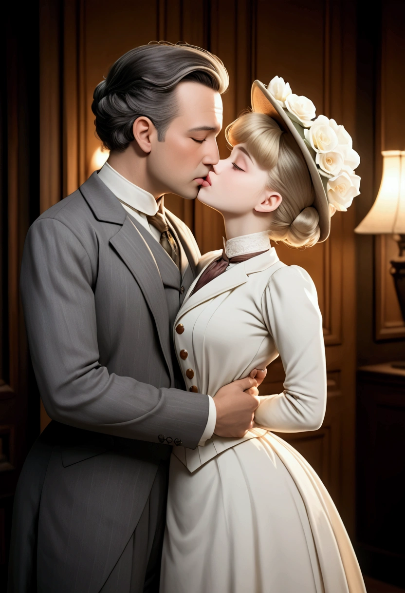 a beautiful young blonde girl of 14yo with an hourglass figure in an elegant Gibson Girl style dress and wide-brimmed picture hat, passionately kissing an older overweight gentleman of 75yo wearing a suit, detailed facial features, realistic skin textures, intricate clothing folds, dramatic lighting, cinematic composition, romantic edwardian era aesthetic, 1900_dr3ss, muted vintage color palette, chiaroscuro lighting, highly detailed, photorealistic, 8k, award winning digital art