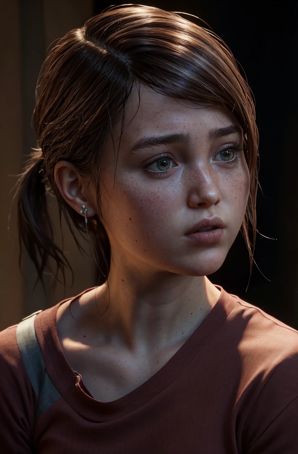 shocked   girl , hyperealistic contrasted photo, portrait of 
 , ellie from the last of us, low ponytail,
turn head (look at the viewer, eye contact:1.3) (face closeup:1.5)
red fancy balenciaga trapezoid dress
(parted lips:1.1)
(upper body:1.5) (contrapposto:1.3), profile, in a movie festival by night, public and photographers, 