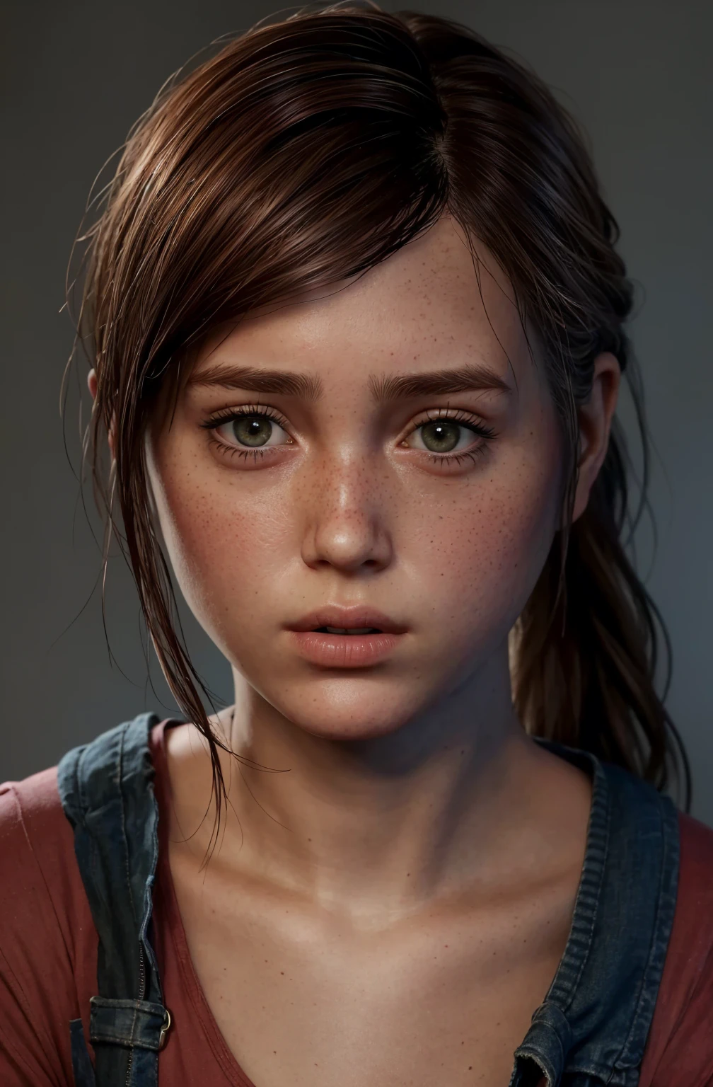 shocked   girl , hyperealistic contrasted photo, portrait of 
 , ellie from the last of us, low ponytail,
turn head (look at the viewer, eye contact:1.3) (face closeup:1.5)
red fancy balenciaga trapezoid dress
(parted lips:1.1)
(upper body:1.5) (contrapposto:1.3), profile, in a movie festival by night, public and photographers, 