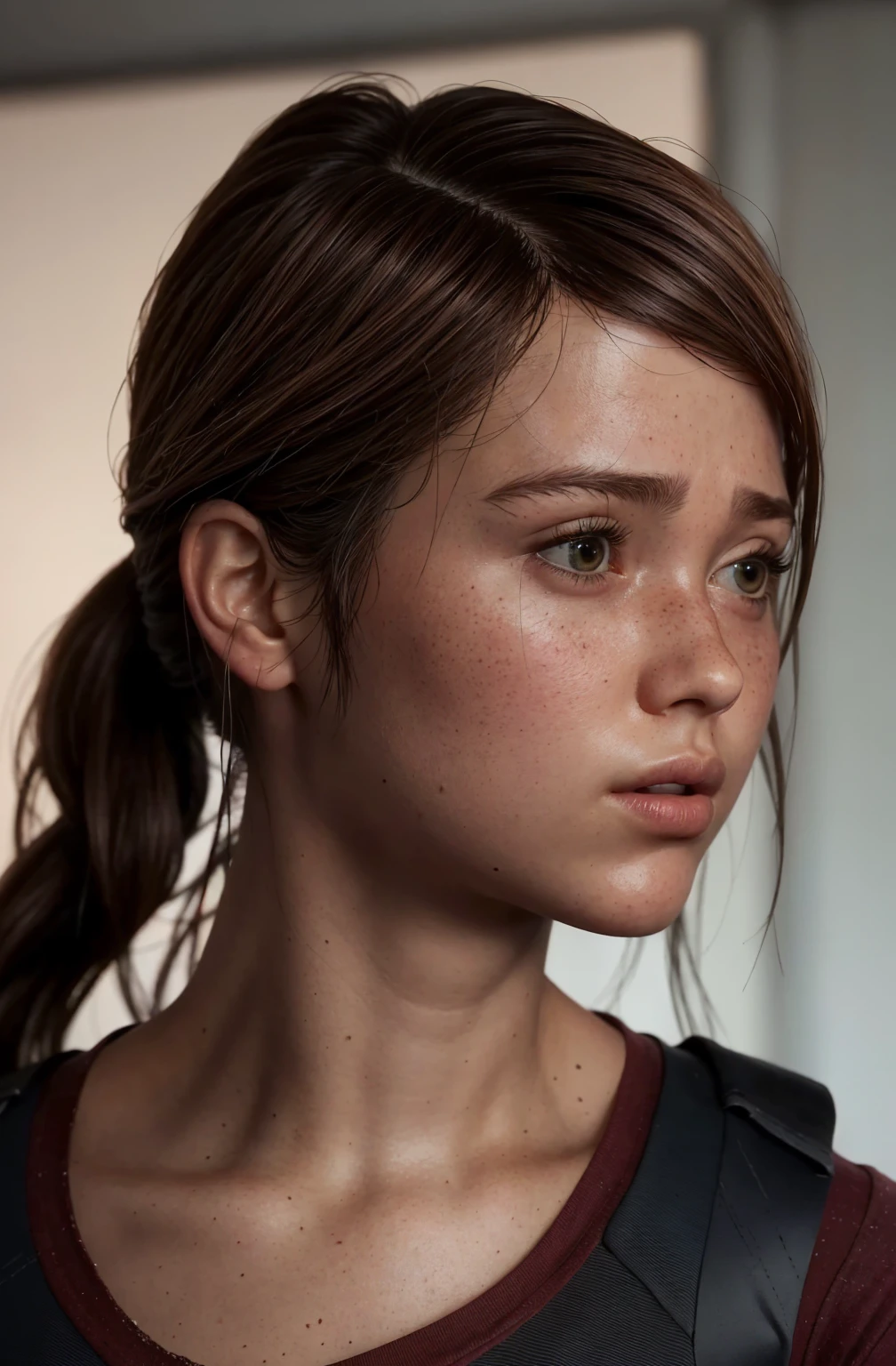 shocked   girl , hyperealistic contrasted photo, portrait of 
 , ellie from the last of us, low ponytail,
turn head (look at the viewer, eye contact:1.3) (face closeup:1.5)
red fancy balenciaga trapezoid dress
(parted lips:1.1)
(upper body:1.5) (contrapposto:1.3), profile, in a movie festival by night, public and photographers, 