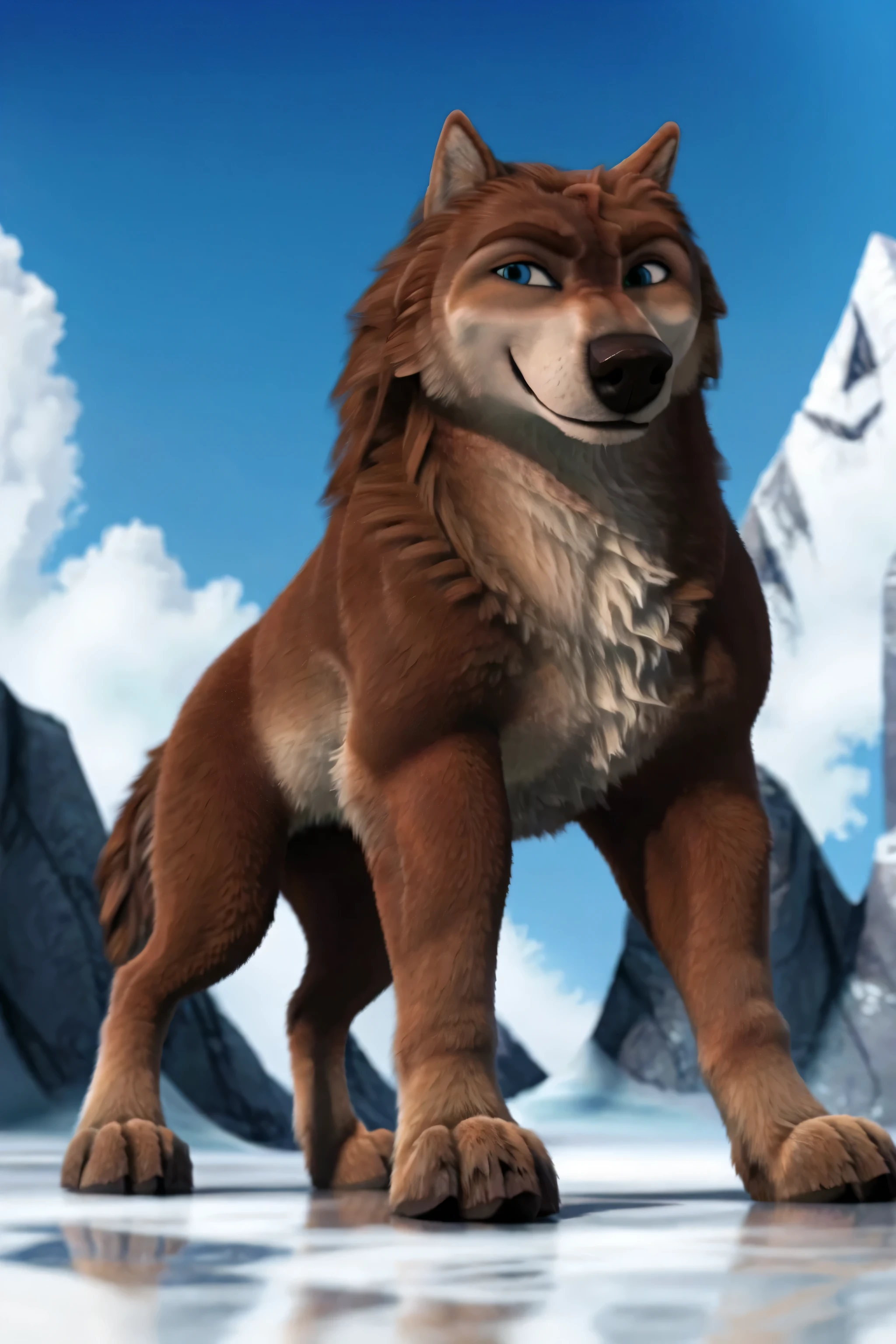 Garth, detailed fur, male, (feral, feral body):1.1, simple background, white background, standing on ice, confident, raised head, subtle smile, proud, wolf, detailed eyes, solo, looking at viewer, muscular, muscular build, strong body, strong chest, brown fur, tail, posing, half body, low-angle shot