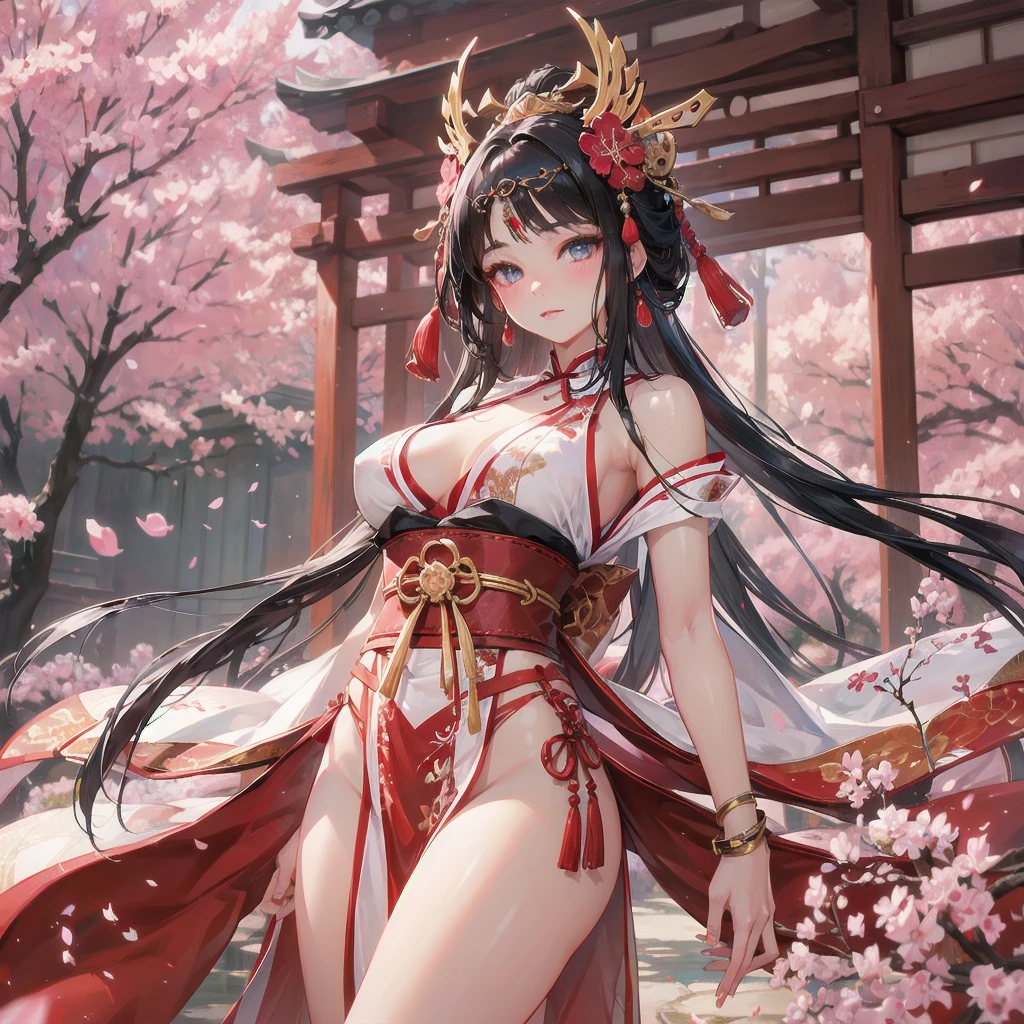 yae miko, 1girl, \n/, animal ears, bare shoulders, blush, breasts, cherry blossoms, closed mouth, detached sleeves, earrings, flower, fox ears, gem, hair between eyes, hair ornament, hand up, japanese clothes, jewelry, kimono, long hair, looking at viewer, medium breasts, miko, nontraditional miko, pink eyes, pink flower, pink hair, purple gemstone, short kimono, sidelocks, smile, solo, upper body, white kimono, ((masterpiece))