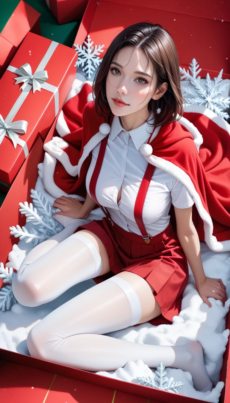 score_9,score_8_up,score_7_up,high res image,masterpiece,best quality,realistic,1girl,santa_costume,white_shirt,(red cape:1.2),(red skirt:1.2),snow,(from_above:1.2),(sitting in a gift box:1.3),(white suspenders stockings:1.4),(face focus:1.2),(medium breasts:1.3),