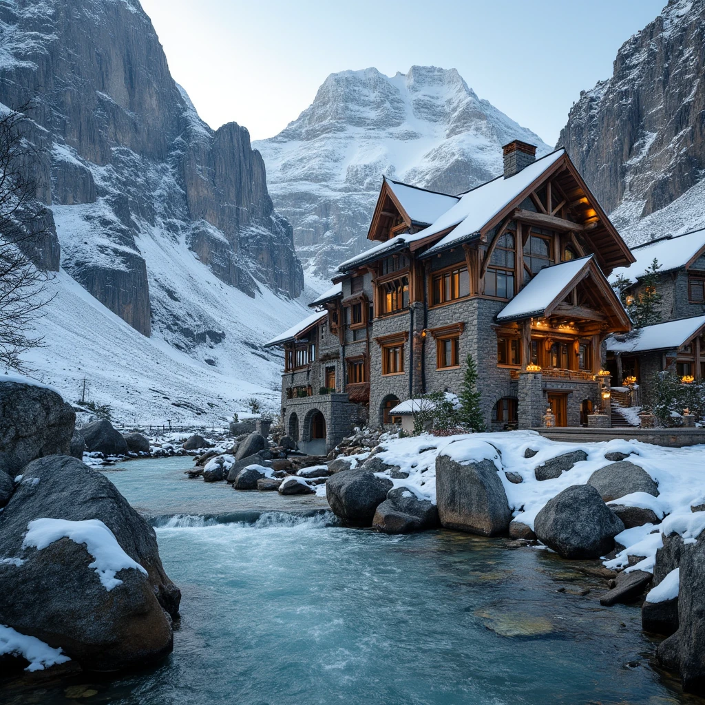 house in a mountain, river big, rocks with snow, sharp focus, insane detailed, 8k. 50-mm-lens