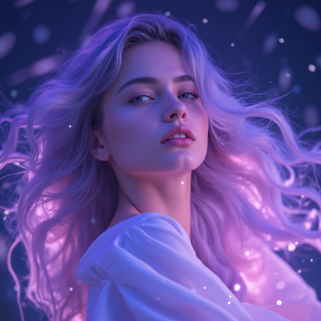 ((masterpiece,best quality)),(negative space:1.4),(1girl, solo:1.4),beautiful detailed eyes,floating pastel pink and lavender hair, lavender eyes, at night, starry sky, stars shining