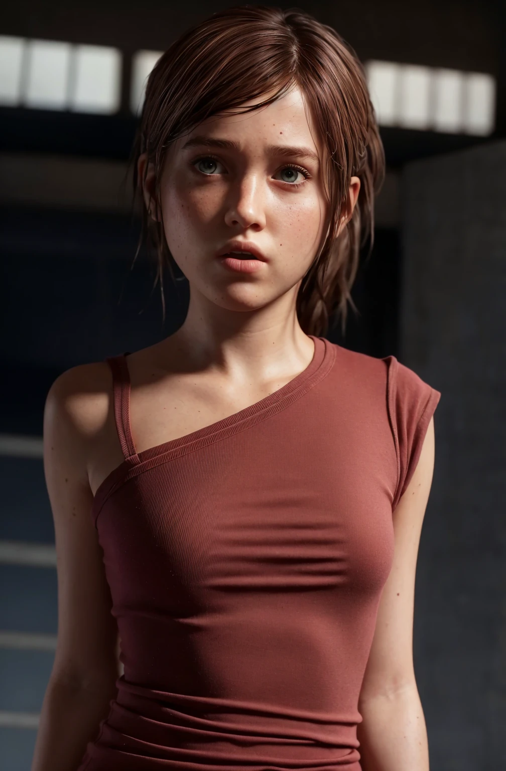 full body, shocked   girl , hyperealistic contrasted photo, portrait of 
 , ellie from the last of us, low ponytail,
turn head (look at the viewer, eye contact:1.3) (face closeup:1.5)
red fancy balenciaga trapezoid dress
(parted lips:1.1)
(upper body:1.5) (contrapposto:1.3), profile, in a movie festival by night, public and photographers, 