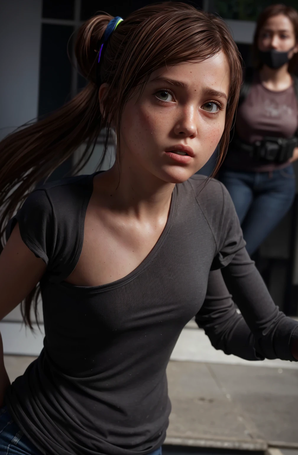 full body, shocked   girl , hyperealistic contrasted photo, portrait of 
 , ellie from the last of us, low ponytail,
turn head (look at the viewer, eye contact:1.3) (face closeup:1.5)
red fancy balenciaga trapezoid dress
(parted lips:1.1)
(upper body:1.5) (contrapposto:1.3), profile, in a movie festival by night, public and photographers, 