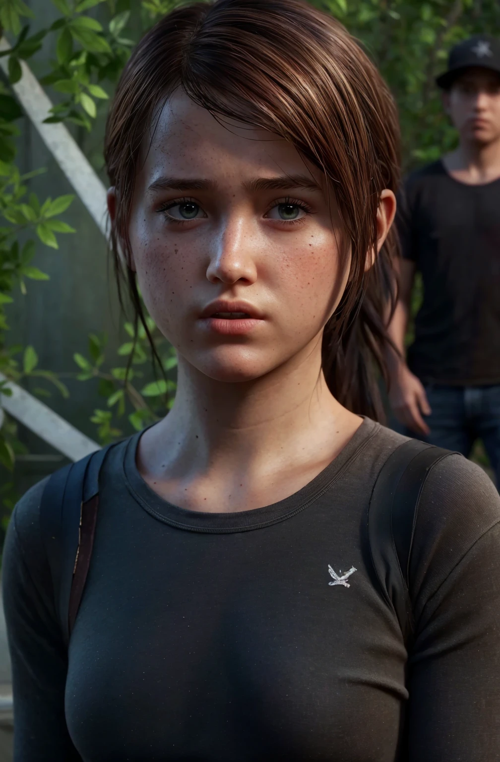 full body, shocked   girl , hyperealistic contrasted photo, portrait of 
 , ellie from the last of us, low ponytail,
turn head (look at the viewer, eye contact:1.3) (face closeup:1.5)
red fancy balenciaga trapezoid dress
(parted lips:1.1)
(upper body:1.5) (contrapposto:1.3), profile, in a movie festival by night, public and photographers, 