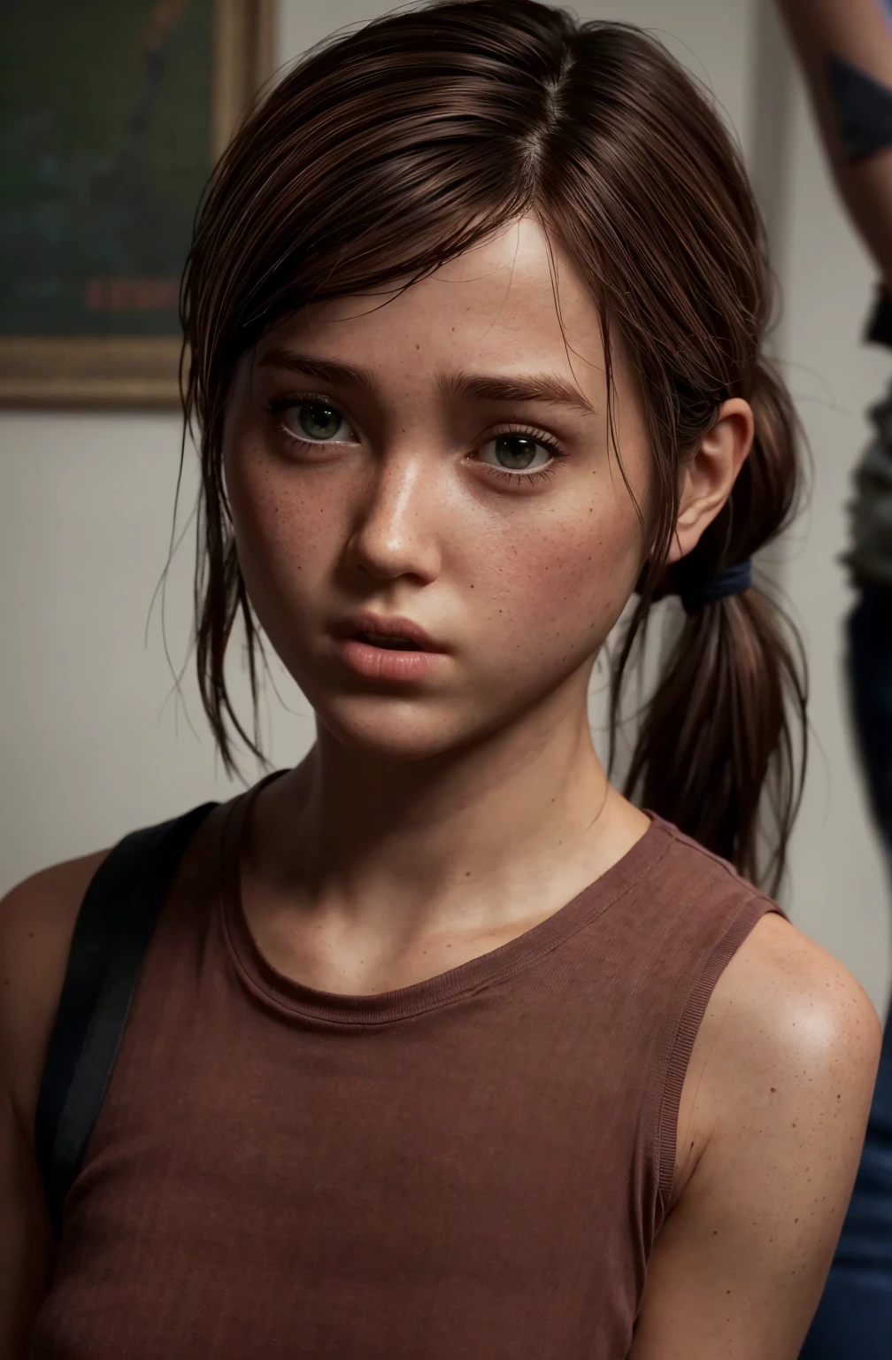 full body, shocked   girl , hyperealistic contrasted photo, portrait of 
 , ellie from the last of us, low ponytail,
turn head (look at the viewer, eye contact:1.3) (face closeup:1.5)
red fancy balenciaga trapezoid dress
(parted lips:1.1)
(upper body:1.5) (contrapposto:1.3), profile, in a movie festival by night, public and photographers, 