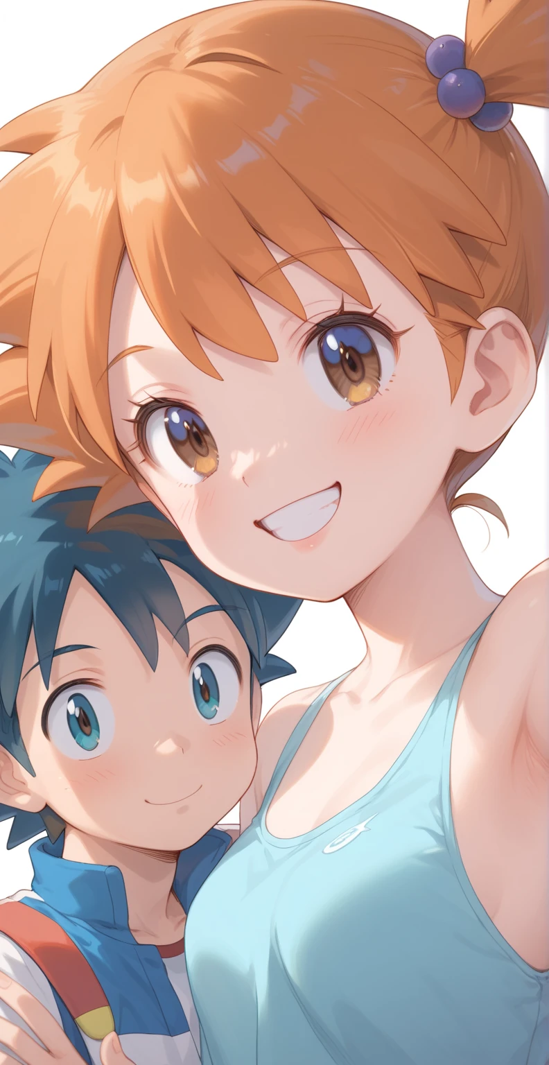 Ash_pokemon , black hair, brown eyes, smile soft .ash Ketchum ,1 guy. Misty_pokemon , Berry Short,Orange Hair, soft skin, girl looking at boy face to face, the boy is surprised and the girl has short hair and is smiling with her eyes open, her pupils are star-shaped, in the 's room, the perspective is frontal from the waist up estilo anime