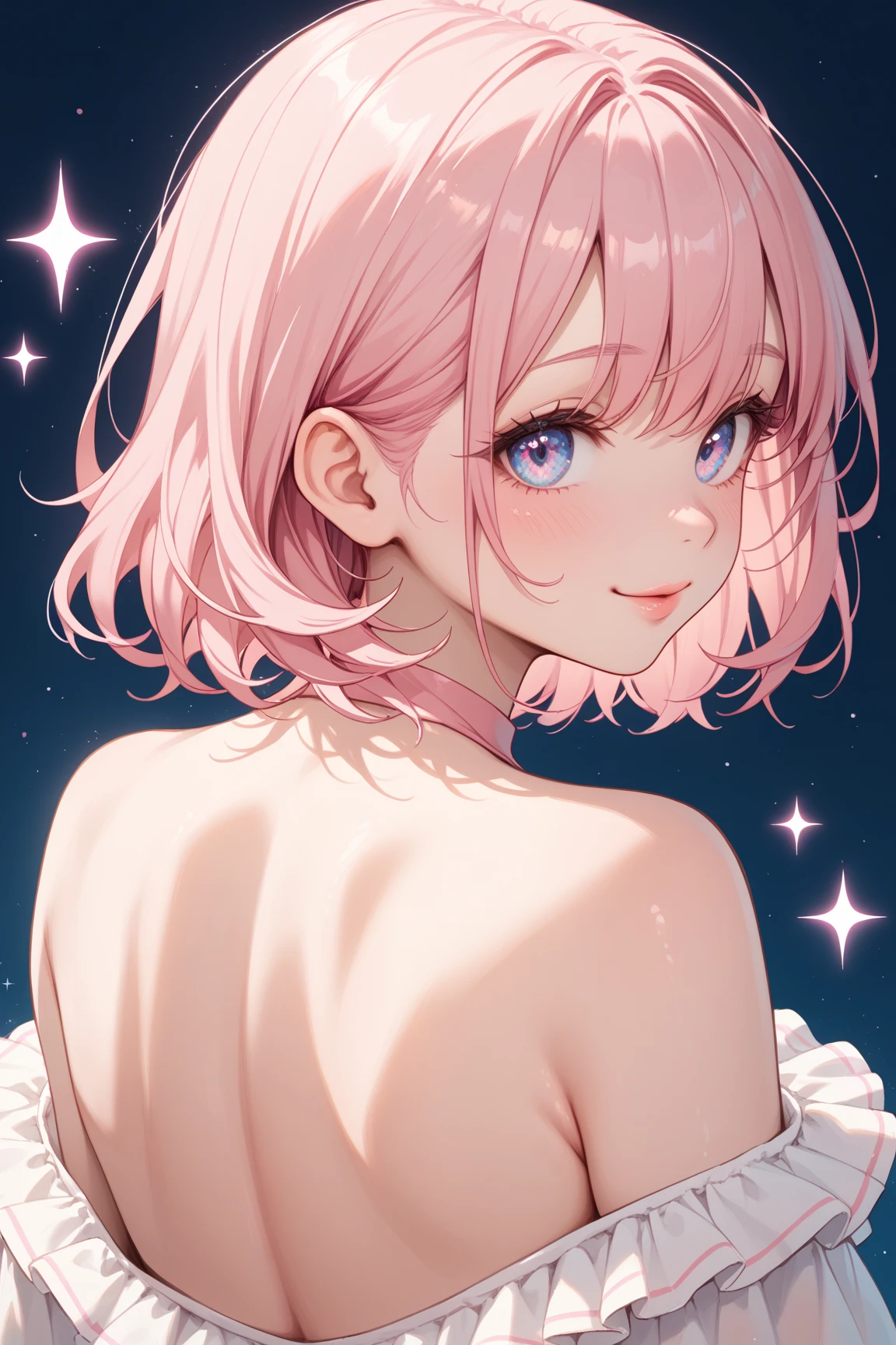 She is a light pink  with hot pink lips. She wears a violet bra and speedo. SPARKLE; GLITTER