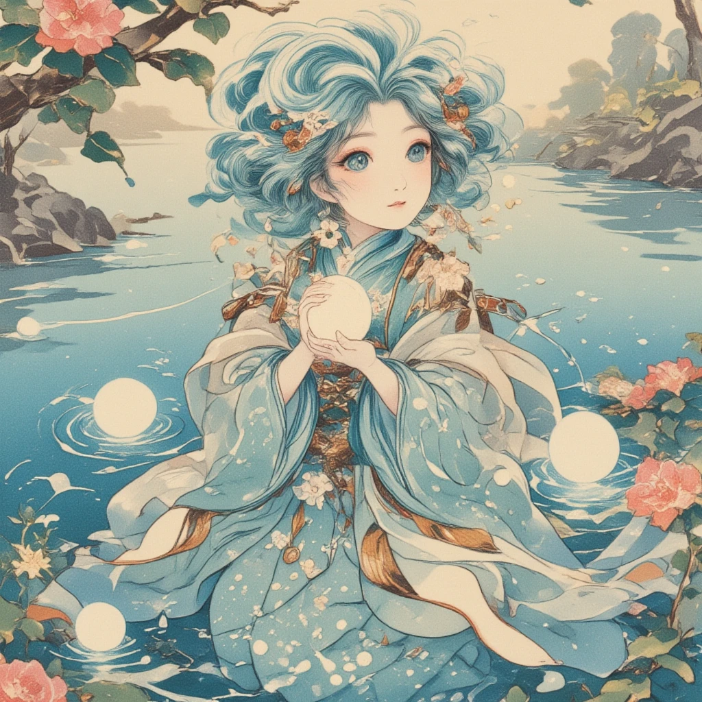 Visualize a daikon character personifying the spirit of a river sprite, drawn in a traditional ukiyo-e illustration style, inspired by the ancient tales of the Kojiki. This enchanting daikon figure is dressed in attire that echoes the clarity and freshness of a flowing river, with garments in shades of pale blue that almost shimmer with transparency. The character's head is adorned with embellishments resembling gentle waves, intricately crafted to symbolize the flowing river. This river motif continues along its body, with tiny droplets of water appearing to splash around, creating an ethereal effect. The character's large, gentle blue eyes evoke a sense of calm and serenity, while its hands cradle orbs of water that glisten as though touched by sunlight. The setting features a serene river scene, complete with blooming flowers floating softly upon the water's surface, all vividly brought to life through the expressive brushstrokes typical of ukiyo-e artwork. This scene encapsulates not just the essence of a river spirit but also the tranquil beauty associated with nature in Japanese mythology.