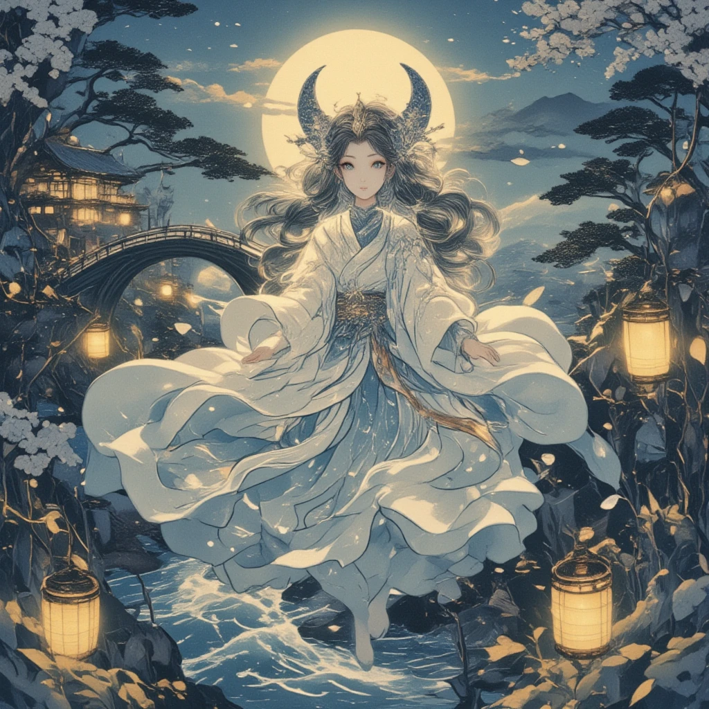 Design a mystical daikon character portrayed as a Moonlit Deity in a classic ukiyo-e illustration. (This daikon character encapsulates serenity and mystery, with large, gentle eyes reflecting the moon's glow. It is adorned in a flowing robe styled after traditional Japanese garments, with patterns of rolling waves and silver stars woven through the indigo fabric, mirroring the ethereal light of the night sky. Upon the daikon’s head rests a headdress echoing the shape of a crescent moon, encrusted with tiny, shimmering gemstones. The character floats amidst an intricate landscape of pine trees that seem to reach out to the illuminated night, a gentle river beneath rippling under sakura petals drifting silently on its surface. A bridge arches across the backdrop, linking ancient temples whose pagoda rooftops peek above the treeline. Soft, curling lines in varying shades of night blues and pearly whites dominate the scene, capturing the tranquil essence of a moonlit night in an evocative ukiyo-e blend. Lanterns, bobbing softly with the night breeze, add a touch of warmth through their soft yellow glow. This portrayal emphasizes elegance and tranquility, with each detail carefully curated to maintain the illusion of a divine presence within the enchanting world of a moonlit ukiyo-e landscape.)