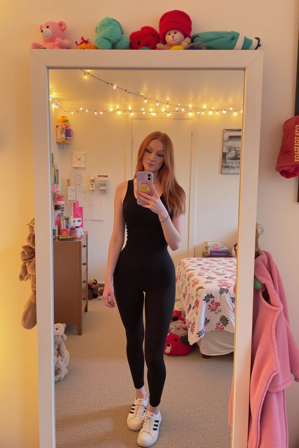 emmaleiah. The image is a photograph of a young woman taking a selfie in front of a full-length mirror in what appears to be a cozy, feminine bedroom. The woman, with long, curly red hair and fair skin, is wearing a black sleeveless top and black leggings, along with white sneakers with black accents. She is standing in a room with beige walls and a light-colored carpet.