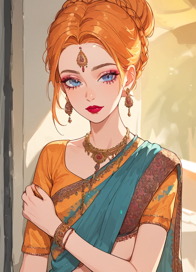 summer.smith, orange hair, 1girl, braid, bun,eyeshadow,lipstick,bindi, saree,, messy