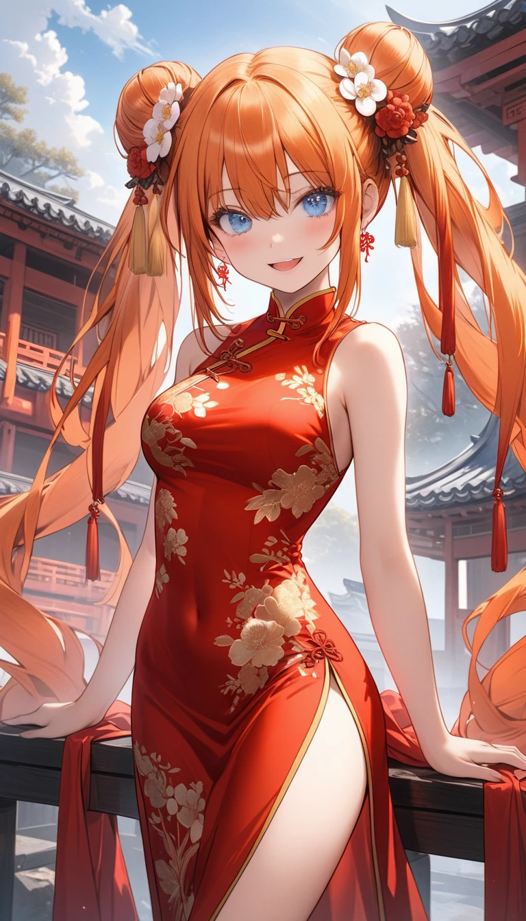 Best Quality,High resolution,8k,finelity detailed background,Masterpiece:1.2),beautiful girl,Shiny orange hair,messy hair,Orange Eyes,Gentle look,A refreshing look,smile,Best quality,Best Quality,Aesthetic and aesthetic:1.2,Best details((Super detailed))(High-definition CG illustrations),China dress,Slender body,Party Venue,smile,blush,cute,Scrounge,Looking up,Being spoiled,super model