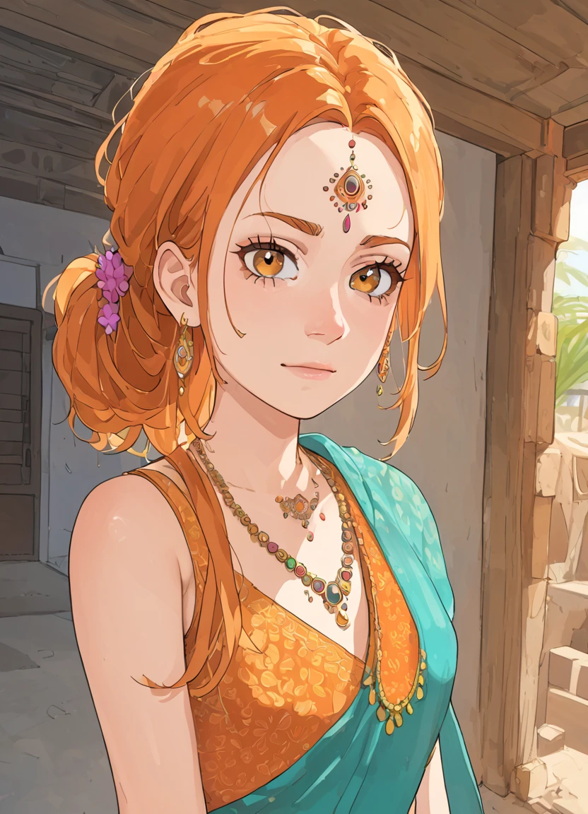 summer.smith, orange hair, 1girl,,bindi, saree,, messy