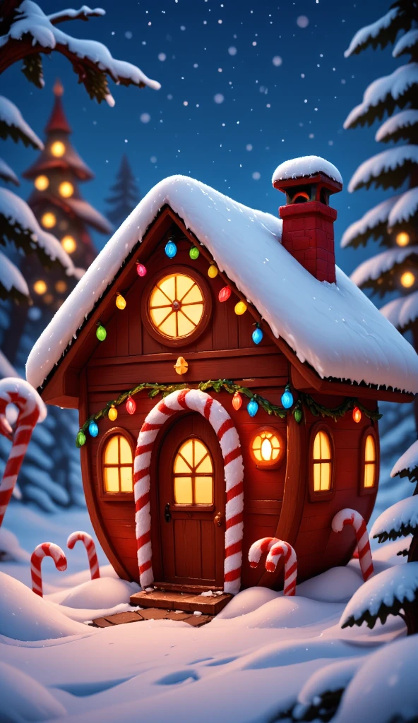 3D cartoon style Christmas cottage, shaped like an apple, decorated with colorful lights and candy canes, the roof covered with thick snow, surrounded by snow-covered pine trees, creating a joyful festive atmosphere