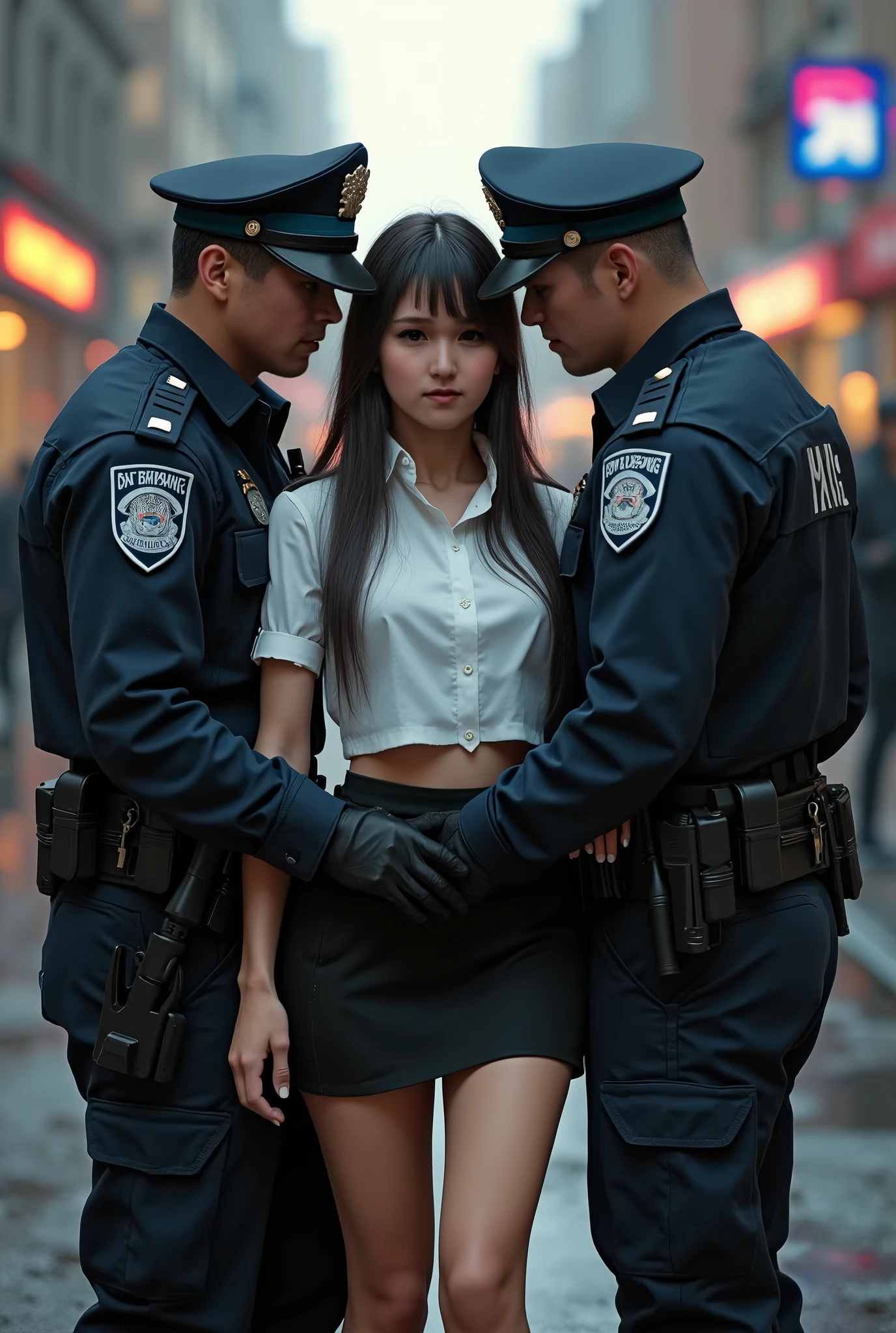 absurdres, RAW photo, extremely delicate and beautiful, masterpiece, Best Quality, ultra high resolution, 16k, hyperrealistic, realistic, photorealistic, photo-realistic, ultra-detailed, perfect anatomy, super Detailed skin, perfect figure, Very detailed CG 8k wallpaper, nude, pussy, shaved pussy, nipple, perfect nipple, perfect breast, round breast, small head, perfect fingers, (full body :1.2), super white skin, standing, kpop idol, nude, blushing, windy, sexy leg, smile, smile eyes, 3 guys, on the street, nude, puffy hair, bangs, (2 guys :1.5), long leg, small breast, (nude girl), messy hair, flat bangs, sexy lips, small round breast, black nails, tall man, cute hair, cute pose, no bra, (2 girls), teen, sexy pose, sad, police on background, angry man, nike shoes, shirt lift, smile, small breast, angry man, army hair man, holding bag, watch, office skirt, heels, angkle boots, hand on pocket, japanese hairstyle, horny, open leg, holding bag, topless nude man, from below, angry, (round tits), open leg, pussy, hand on breast, sexy office skirt, leather skirt, office skirt, man cover penis with hand