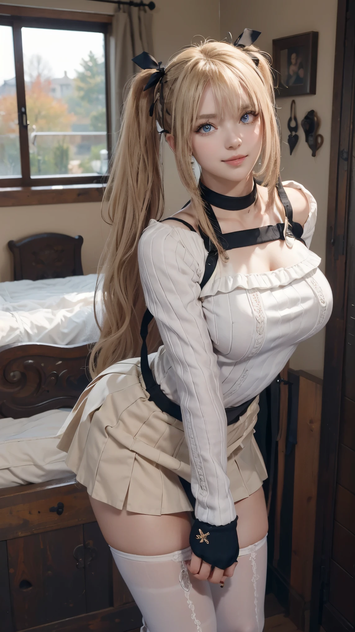 Marie rose,(best qualityer,4K,8k,high resolution,work of art:1.2)(weather: autumn), Mondstadt forest background, forest road, elbow long mittens, winter bodysuit, pleated mini skirt, thigh high stockings, black boots, bracelets, cheek mole, twin tails hair, blonde hair, ultra detailed, realistic, portrait,beautiful detailed golden blue eyes, glowing eyes,blush,beautiful detailed lips,extremely detailed eye and face, long eyelashes,sexy,average, medium breasts,beaming smile, flirty smile, powerful girl, cute pose, stunning curves, bright coloured, dramatic lighting,