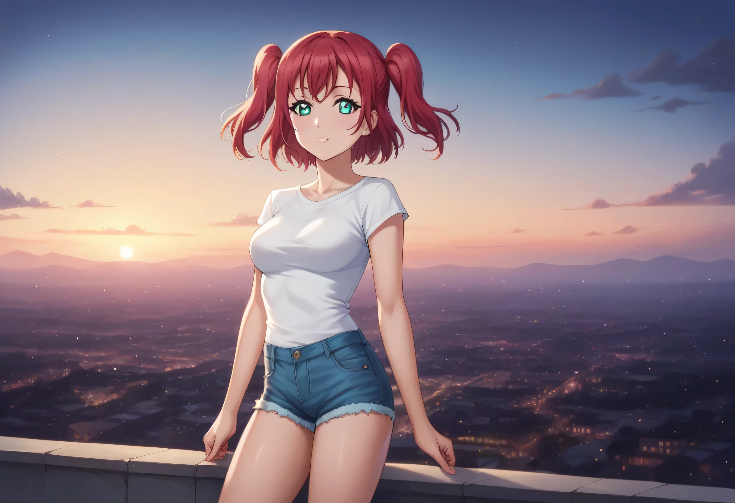 1 mujer, pelo rojo corto, con un dedo en la boca, ropa ajustada, busty, cuerpo definido, atletica, chile, colores de chile, cielo rojizo, atardecer, paisaje hermoso, alta calidad, 4k, hd, particulas rojizas, nsfw, nude