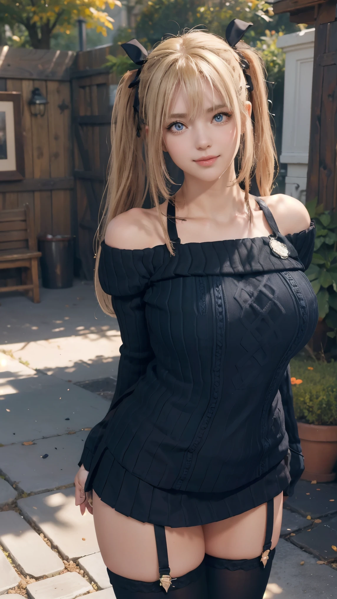 Marie rose,(best qualityer,4K,8k,high resolution,work of art:1.2)(weather: autumn), Mondstadt forest background, forest road, elbow long mittens, winter bodysuit, pleated mini skirt, thigh high stockings, black boots, bracelets, cheek mole, twin tails hair, blonde hair, ultra detailed, realistic, portrait,beautiful detailed golden blue eyes, glowing eyes,blush,beautiful detailed lips,extremely detailed eye and face, long eyelashes,sexy,average, medium breasts,beaming smile, flirty smile, powerful girl, cute pose, stunning curves, bright coloured, dramatic lighting,