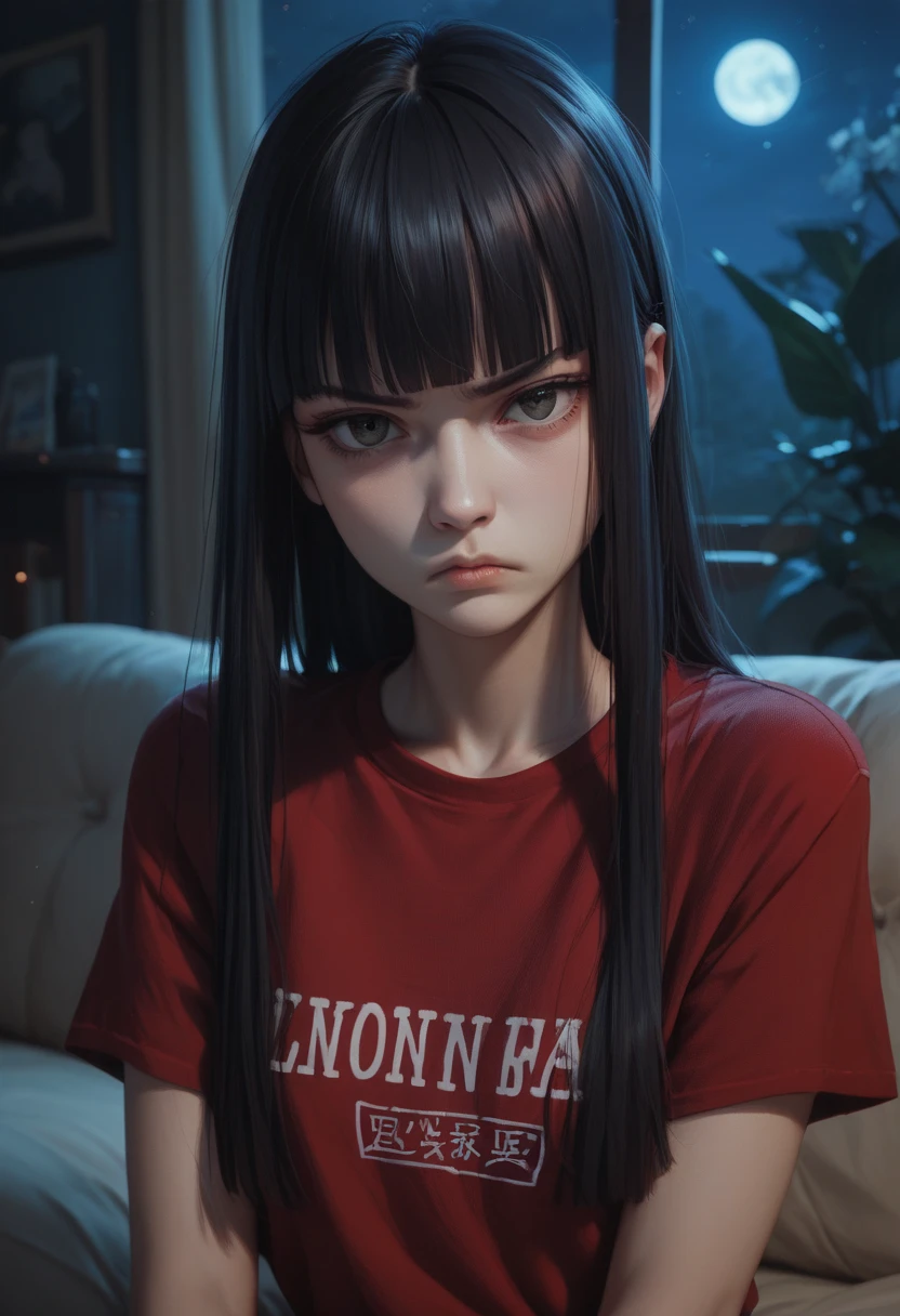 1girl, annoyed expression, DARK HAIR, hime cut, looking at viewer, livingroom back. (Slim Body), portrait. (NIGHT:1.4), red shirt, writing shirt MAN.UTD