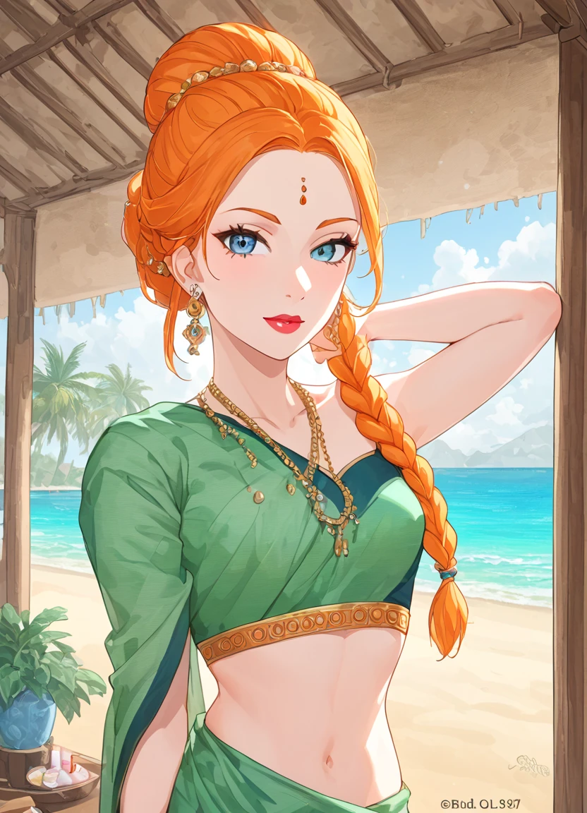 summer.smith, orange hair, 1girl, braid, bun,eyeshadow,lipstick,bindi, saree,,score_9, score_8_up, score_7_up, score_6_up, score_5_up, score_4_up,abs