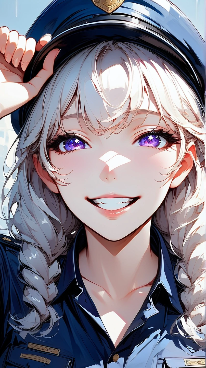 (masterpiece, best quality:1.2), 1 girl, unique, police uniform, short skirt, star-shaped pupils, detailed beautiful glistening purple eyes, detailed mouth, happy expression, canine teeth, bright smile, white hair in braids, grabbing police cap with one hand, (from above: 1.3), full body, creative accessories, creative background, parted lips