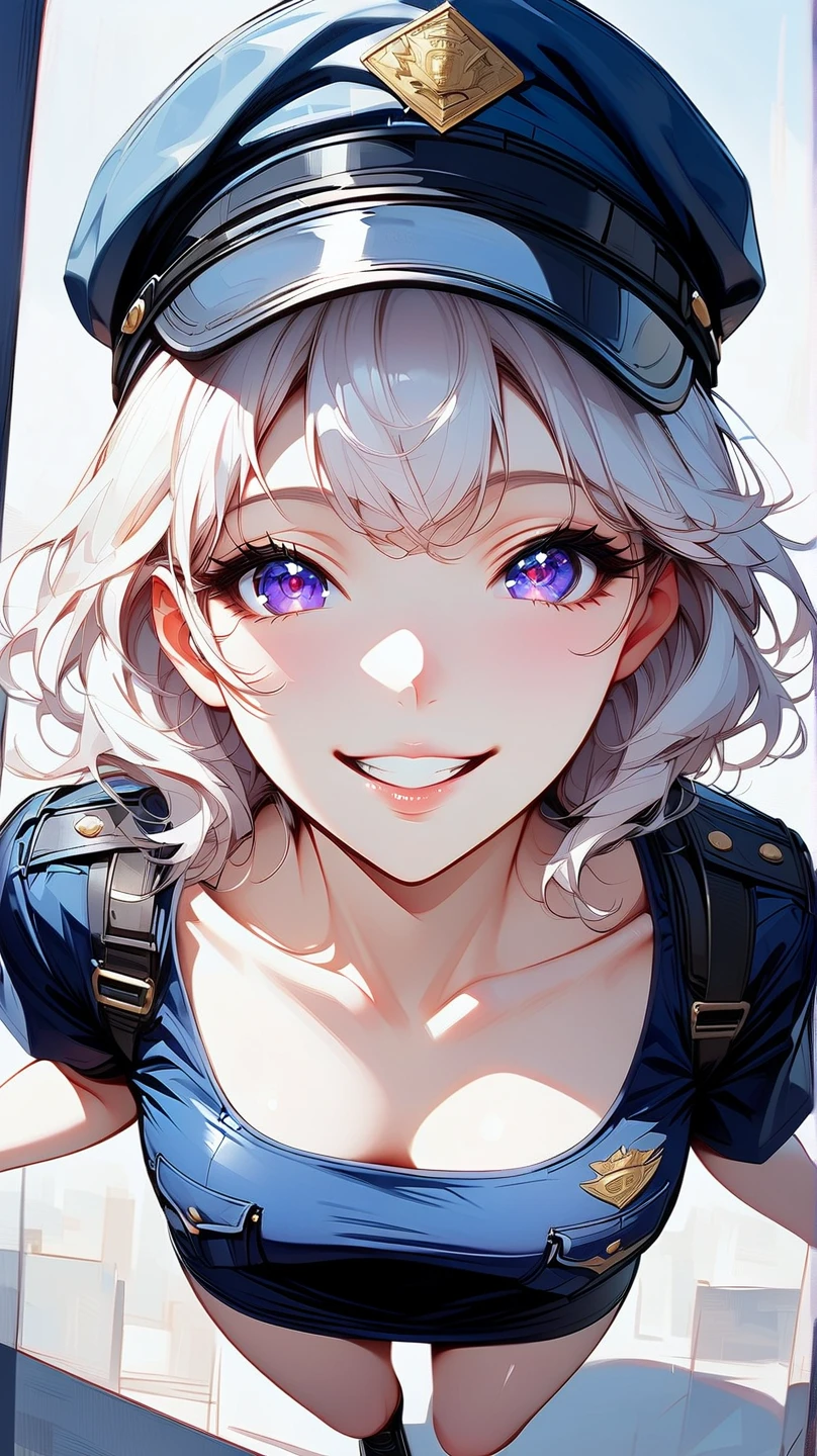 (masterpiece, best quality:1.2), 1 girl, unique, police uniform, short skirt, star-shaped pupils, detailed beautiful glistening purple eyes, detailed mouth, happy expression, canine teeth, bright smile, white hair in braids, grabbing police cap with one hand, (from above: 1.3), full body, creative accessories, creative background, parted lips