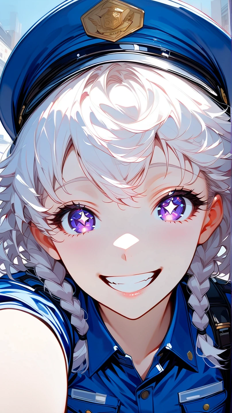 (masterpiece, best quality:1.2), 1 girl, unique, police uniform, short skirt, star-shaped pupils, detailed beautiful glistening purple eyes, detailed mouth, happy expression, canine teeth, bright smile, white hair in braids, grabbing police cap with one hand, (from above: 1.3), full body, creative accessories, creative background, parted lips