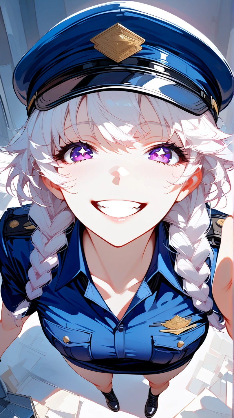 (masterpiece, best quality:1.2), 1 girl, unique, police uniform, short skirt, star-shaped pupils, detailed beautiful glistening purple eyes, detailed mouth, happy expression, canine teeth, bright smile, white hair in braids, grabbing police cap with one hand, (from above: 1.3), full body, creative accessories, creative background, parted lips