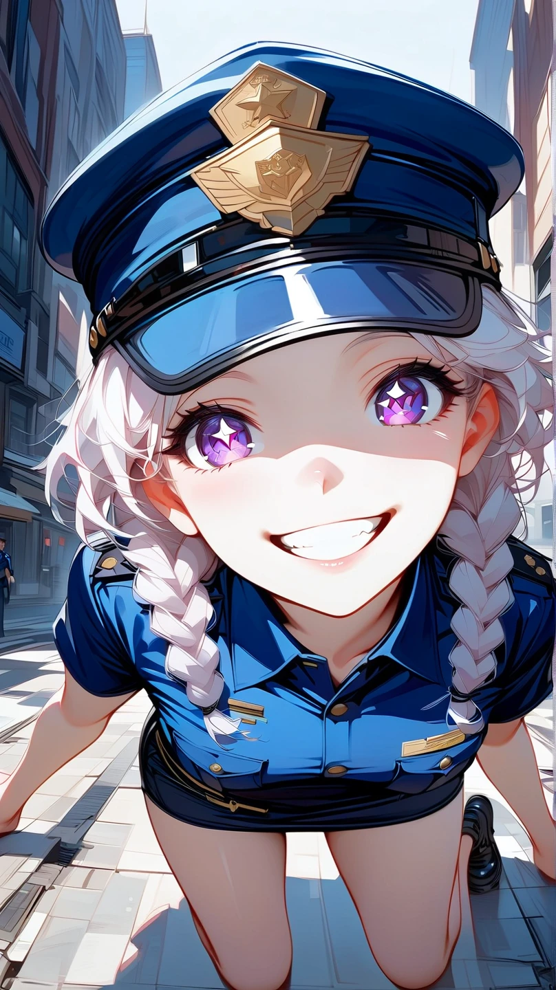 (masterpiece, best quality:1.2), 1 girl, unique, police uniform, short skirt, star-shaped pupils, detailed beautiful glistening purple eyes, detailed mouth, happy expression, canine teeth, bright smile, white hair in braids, grabbing police cap with one hand, (from above: 1.3), full body, creative accessories, creative background, parted lips