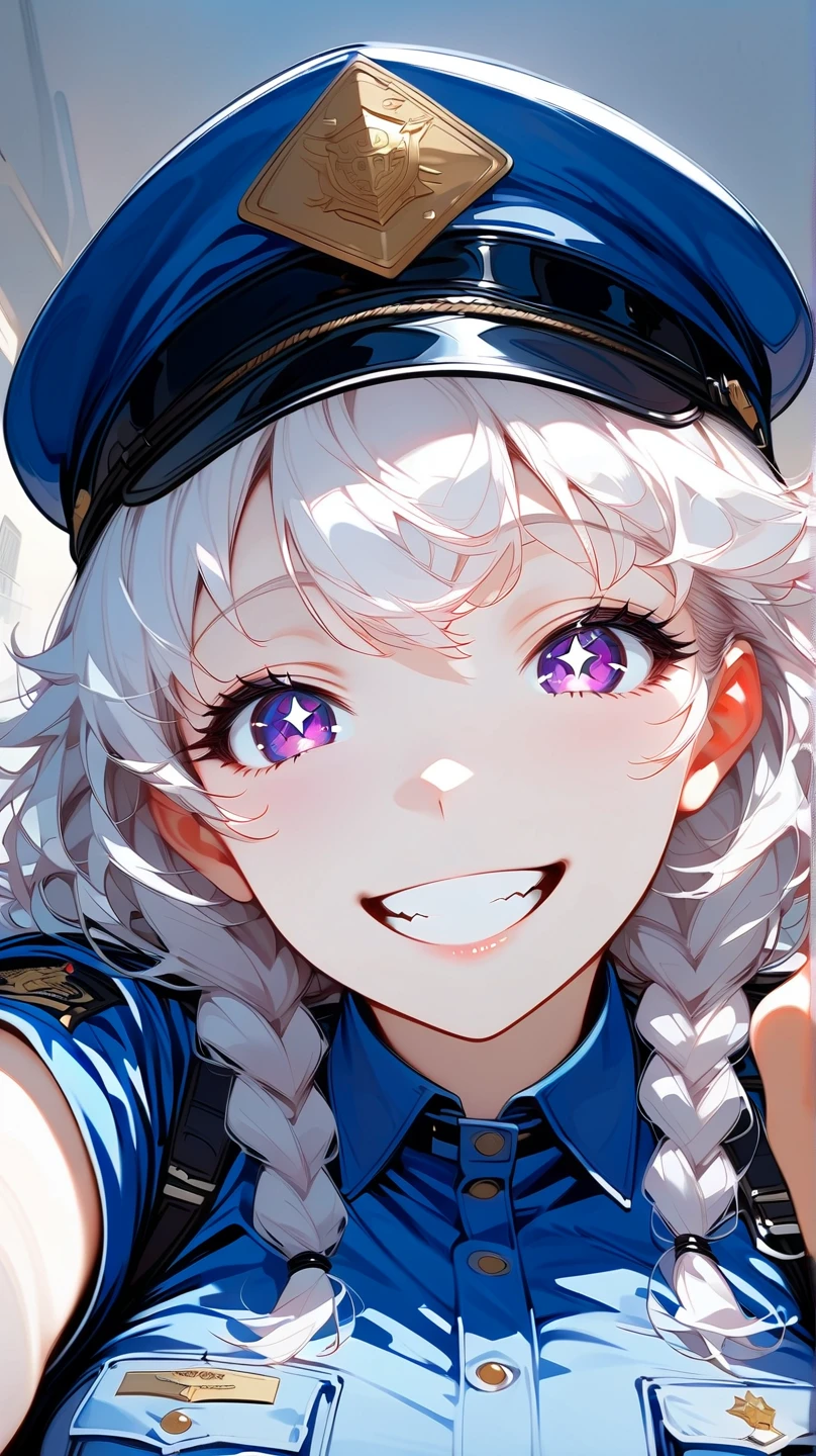 (masterpiece, best quality:1.2), 1 girl, unique, police uniform, short skirt, star-shaped pupils, detailed beautiful glistening purple eyes, detailed mouth, happy expression, canine teeth, bright smile, white hair in braids, grabbing police cap with one hand, (from above: 1.3), full body, creative accessories, creative background, parted lips, lying on top