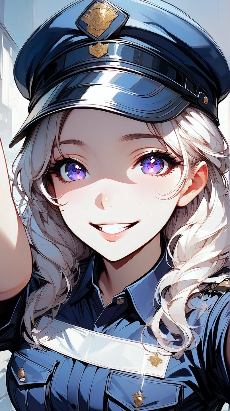 (masterpiece, best quality:1.2), 1 girl, unique, police uniform, short skirt, star-shaped pupils, detailed beautiful glistening purple eyes, detailed mouth, happy expression, canine teeth, bright smile, white hair in braids, grabbing police cap with one hand, (from above: 1.3), full body, creative accessories, creative background, parted lips, lying on top