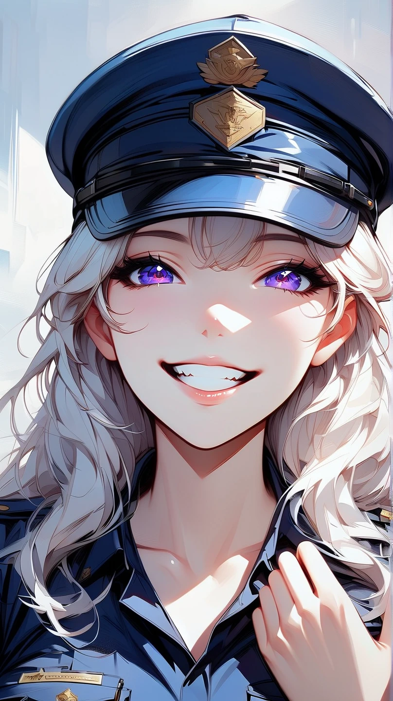 (masterpiece, best quality:1.2), 1 girl, unique, police uniform, short skirt, star-shaped pupils, detailed beautiful glistening purple eyes, detailed mouth, happy expression, canine teeth, bright smile, white hair in braids, grabbing police cap with one hand, (from above: 1.3), full body, creative accessories, creative background, parted lips, lying on top