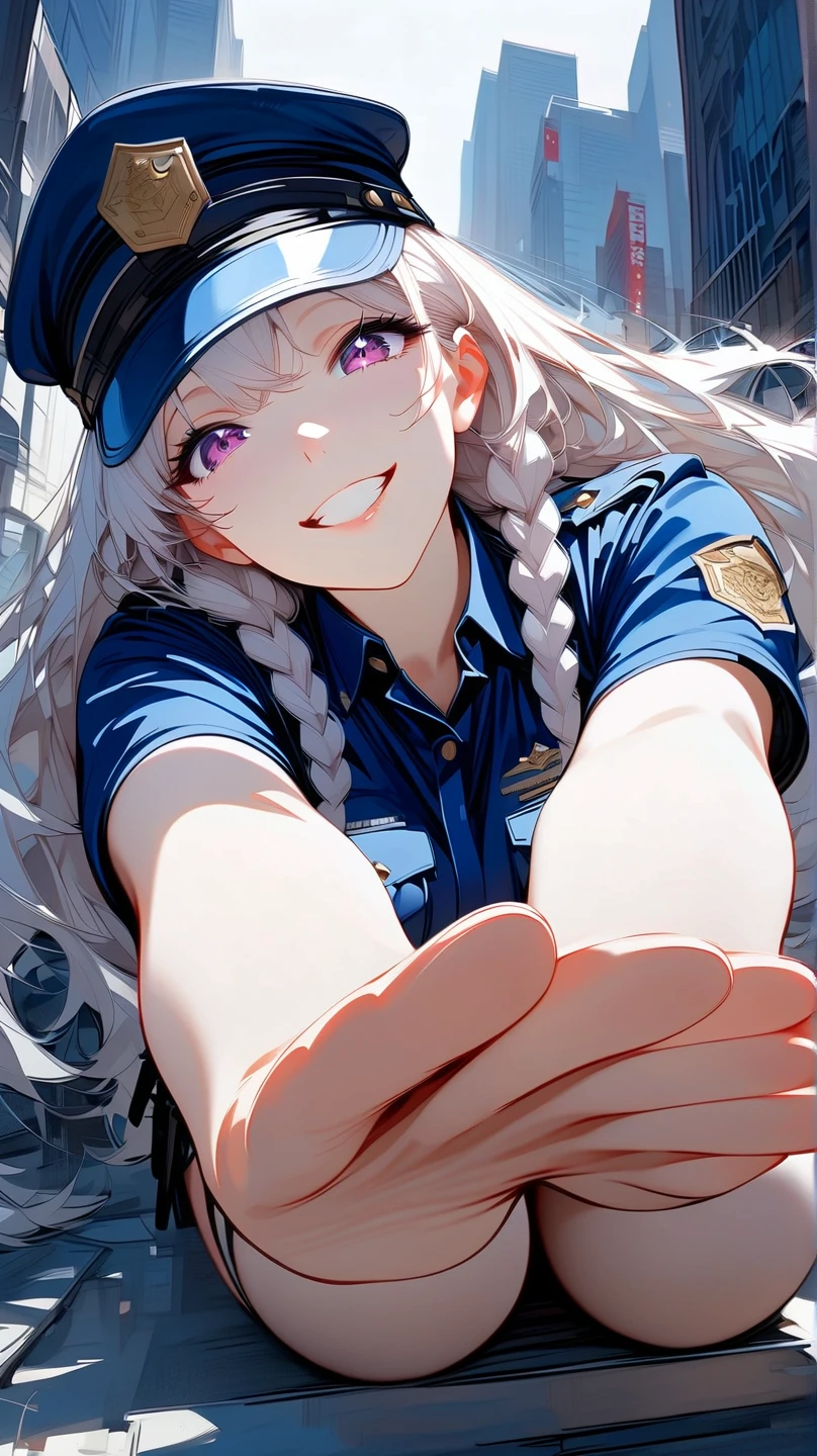 (masterpiece, best quality:1.2), 1 girl, unique, police uniform, short skirt, star-shaped pupils, detailed beautiful glistening purple eyes, detailed mouth, happy expression, canine teeth, bright smile, white hair in braids, grabbing police cap with one hand, (from above: 1.3), full body, creative accessories, creative background, parted lips, lying on top