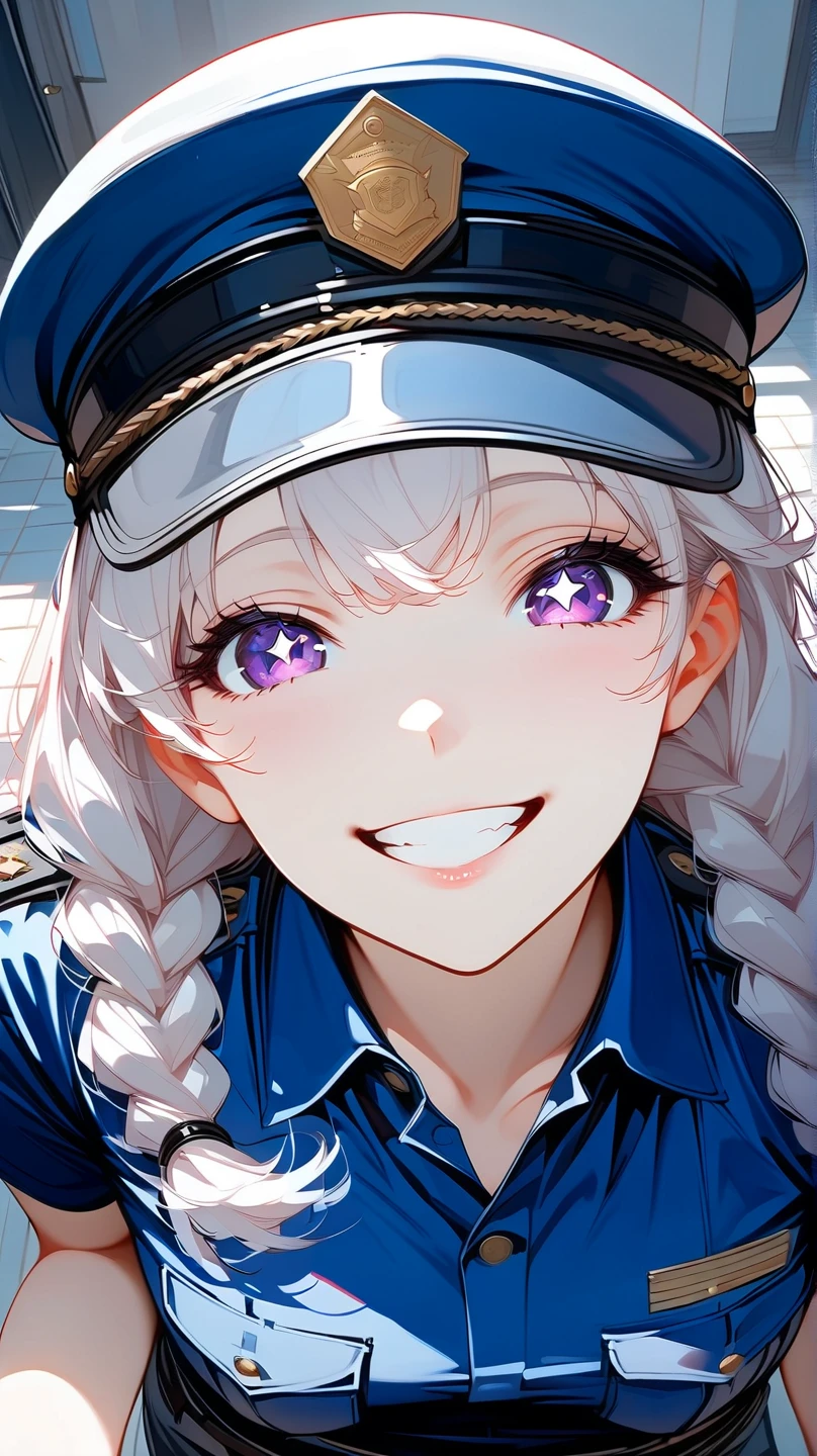 (masterpiece, best quality:1.2), 1 girl, unique, police uniform, short skirt, star-shaped pupils, detailed beautiful glistening purple eyes, detailed mouth, happy expression, canine teeth, bright smile, white hair in braids, grabbing police cap with one hand, (from above: 1.3), full body, creative accessories, creative background, parted lips, lying on top