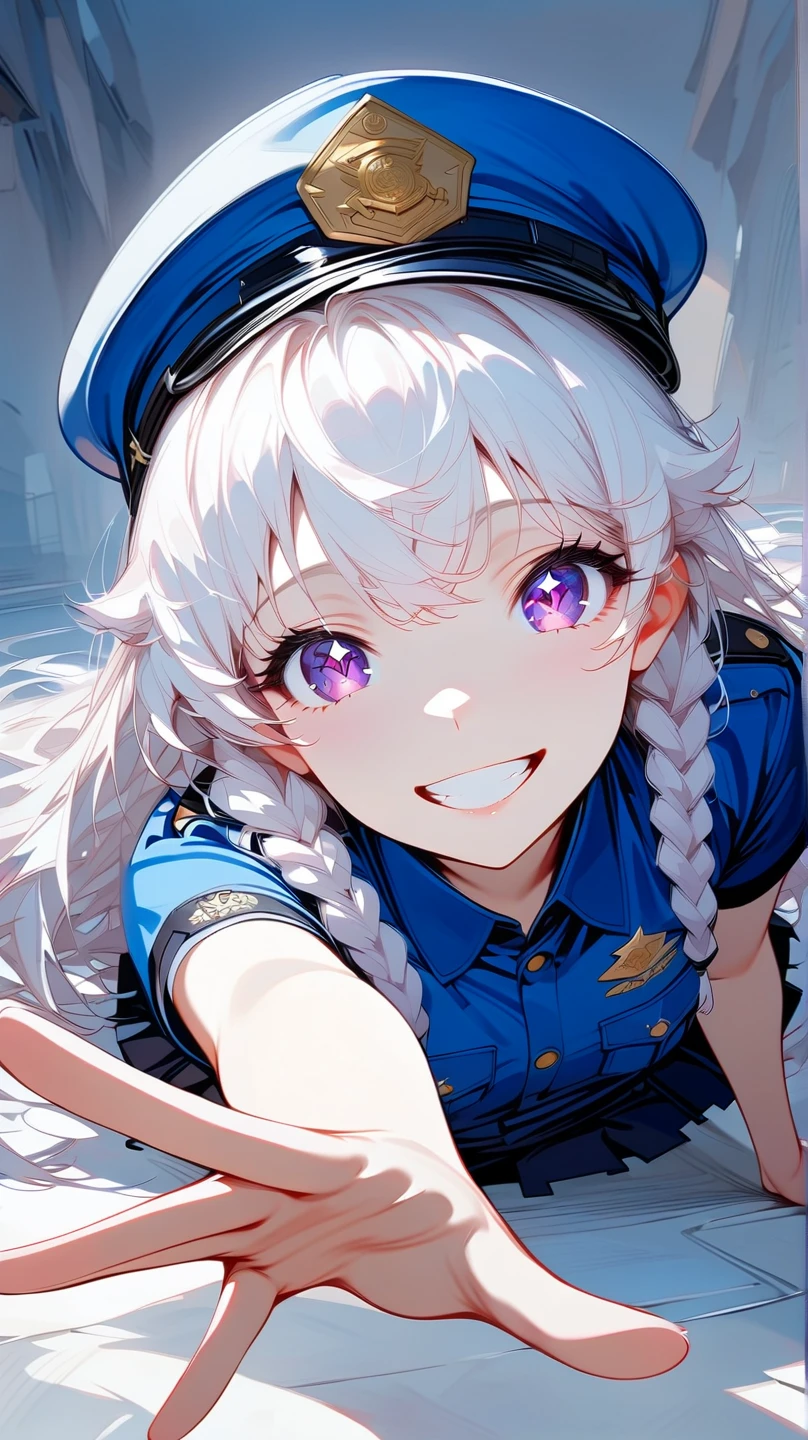 (masterpiece, best quality:1.2), 1 girl, unique, police uniform, short skirt, star-shaped pupils, detailed beautiful glistening purple eyes, detailed mouth, happy expression, canine teeth, bright smile, white hair in braids, grabbing police cap with one hand, (from above: 1.3), full body, creative accessories, creative background, parted lips, Lying on top