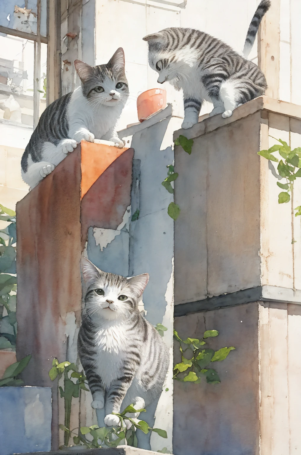 watercolor paiting、Cats、Downtown、Cat looking back