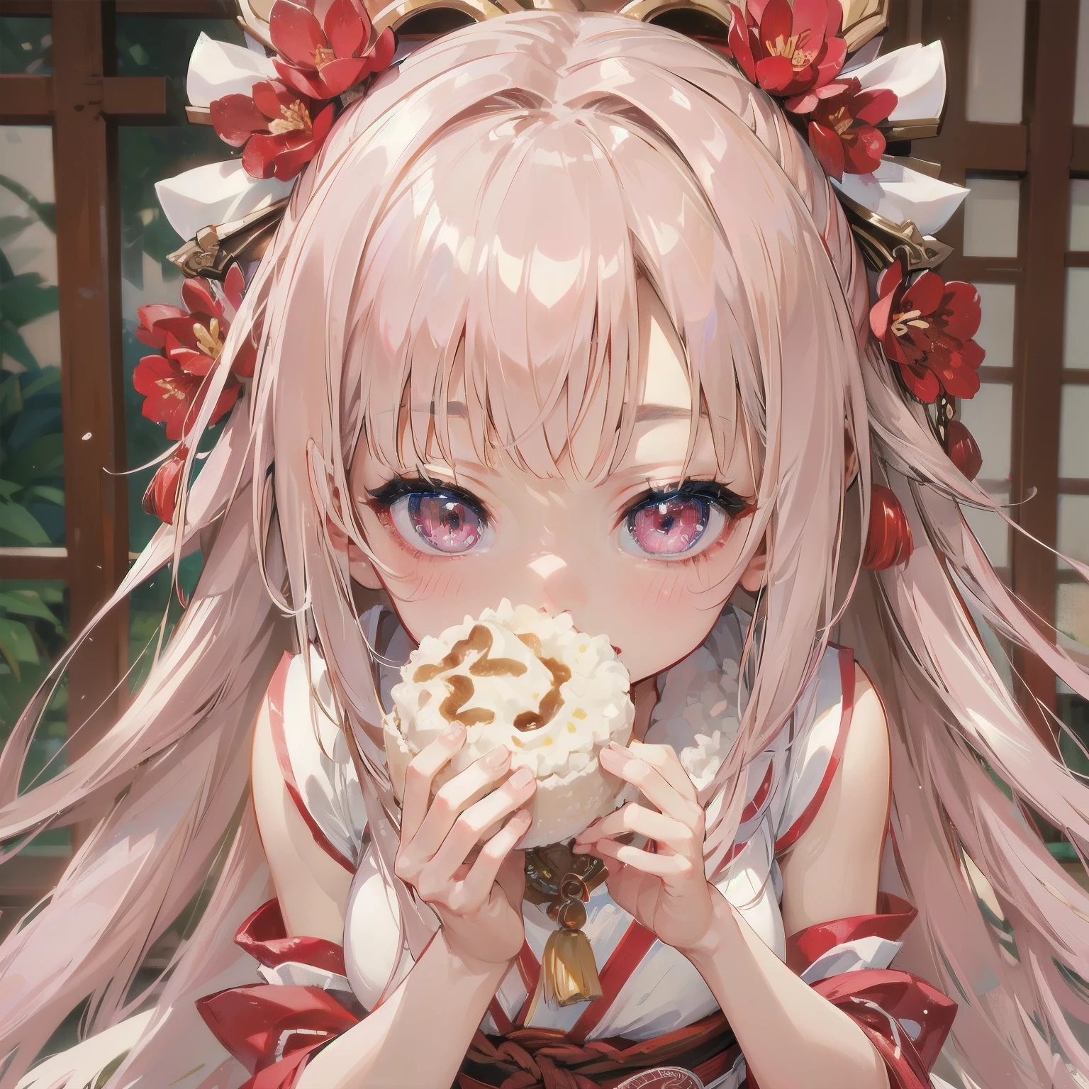 A masterpiece, best quality, 1 girl, solo, large breasts, light brown eyes, blunt bangs, red hair, double hair buns, japanese shrine, (orgasm face:1.3), sweat, japanese miko, japanese room, (nsfw:1.2), (topless:1.2), sweat, steam, pov hands, ass grab, deep skin, (cum:1.3)
