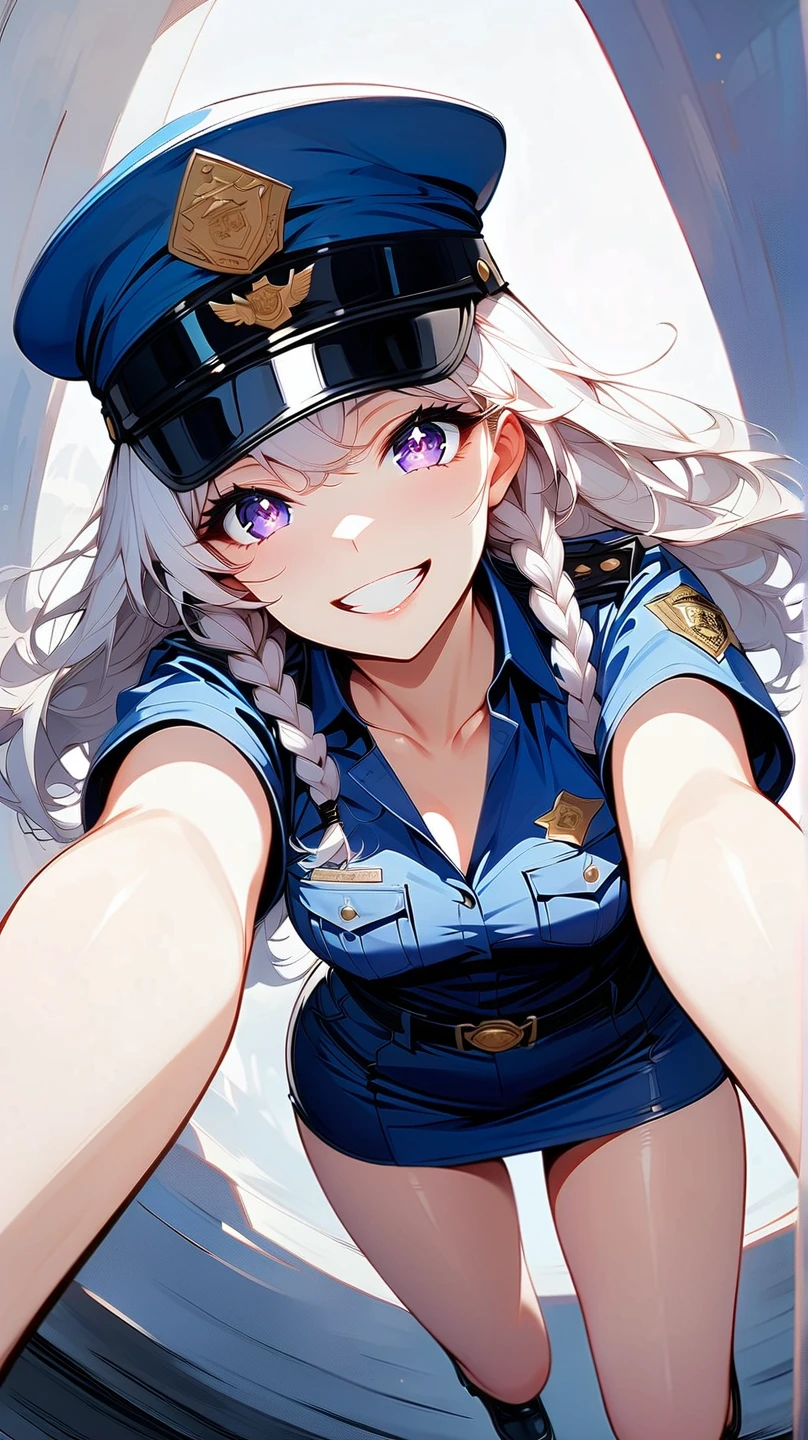 (masterpiece, best quality:1.2), 1 girl, unique, police uniform, short skirt, star-shaped pupils, detailed beautiful glistening purple eyes, detailed mouth, happy expression, canine teeth, bright smile, white hair in braids, grabbing police cap with one hand, (from above: 1.3), full body, creative accessories, creative background, parted lips, Lying on top