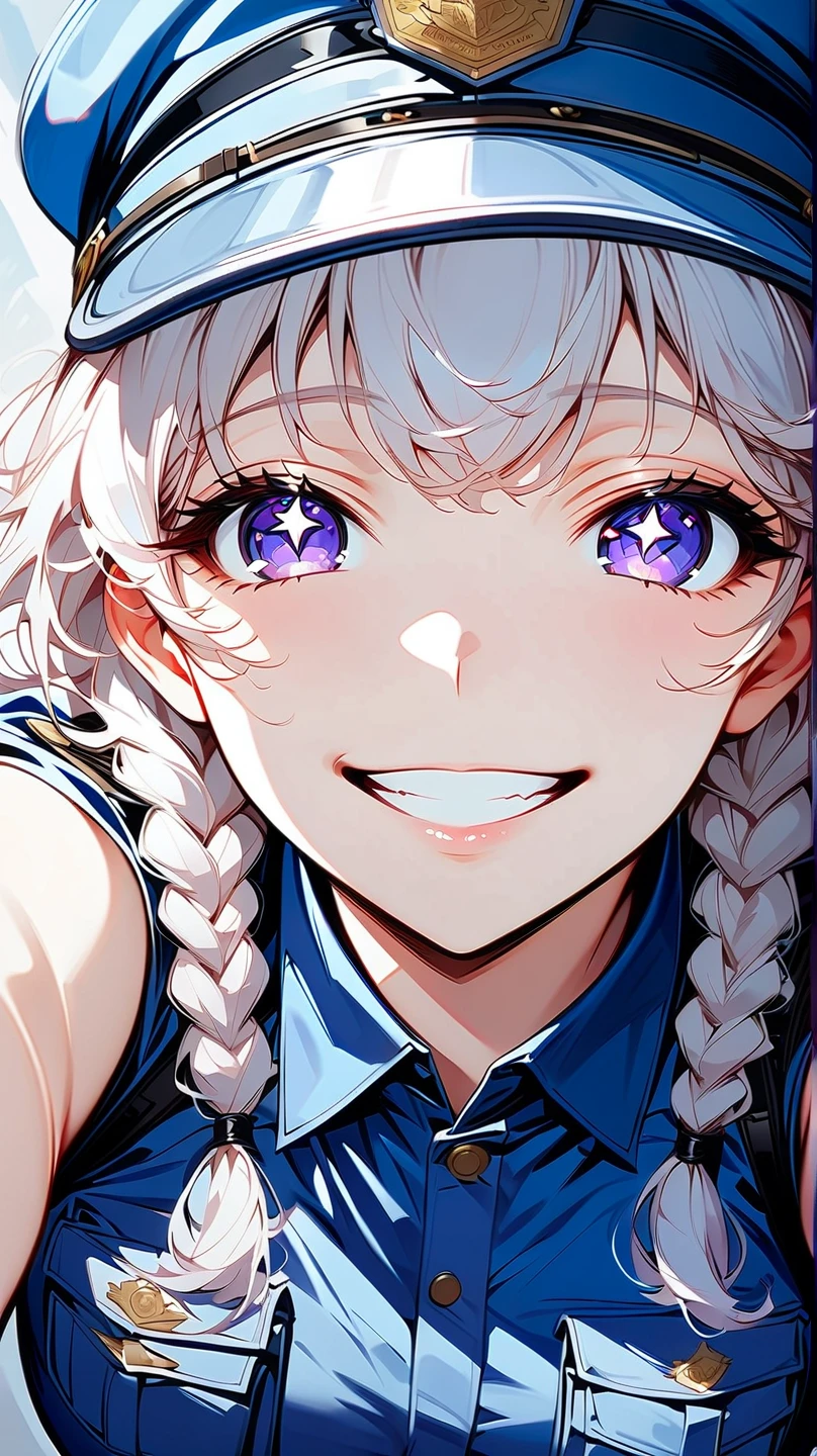 (masterpiece, best quality:1.2), 1 girl, unique, police uniform, short skirt, star-shaped pupils, detailed beautiful glistening purple eyes, detailed mouth, happy expression, canine teeth, bright smile, white hair in braids, grabbing police cap with one hand, (from above: 1.3), full body, creative accessories, creative background, parted lips, Lying on top