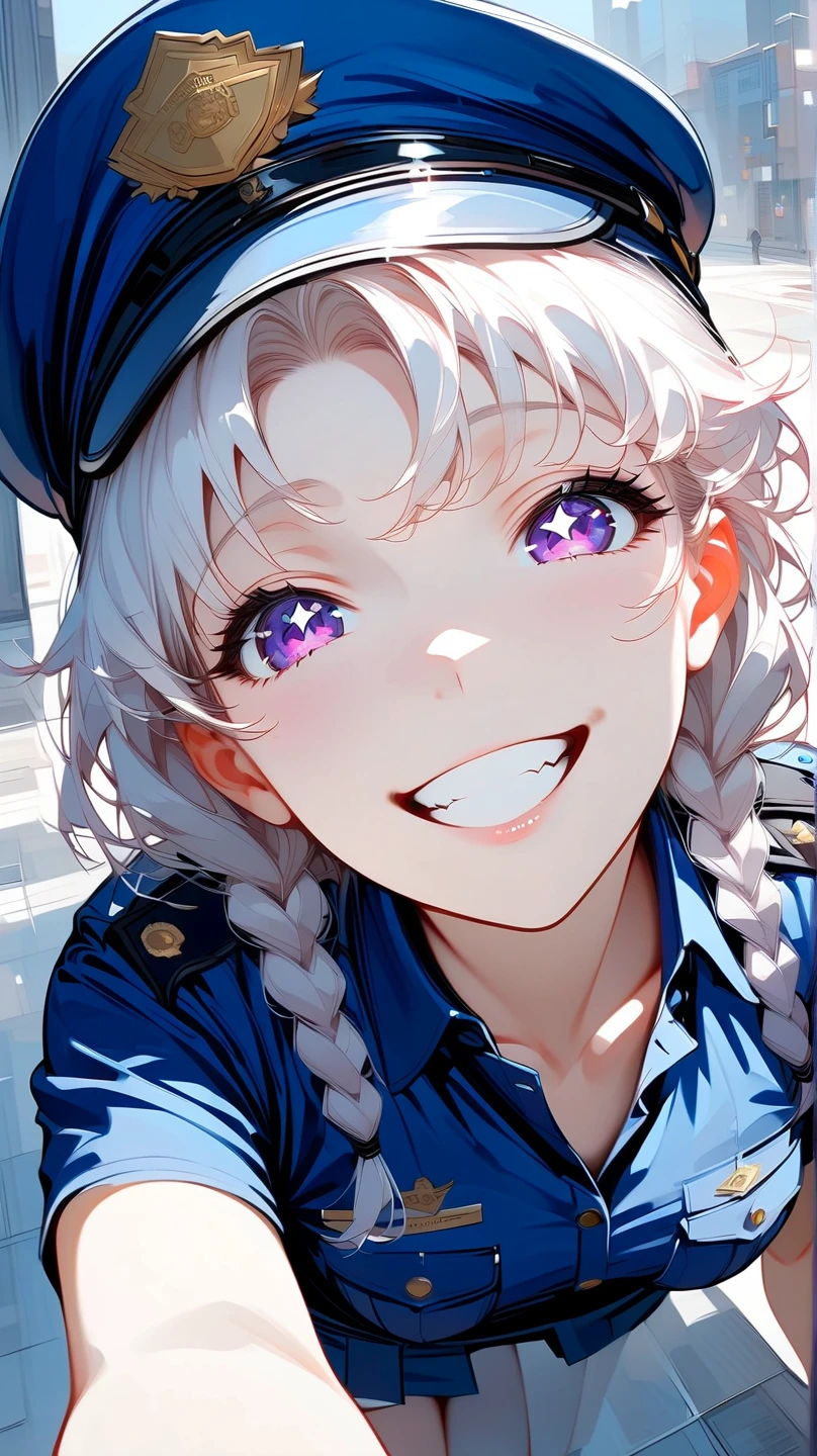 (masterpiece, best quality:1.2), 1 girl, unique, police uniform, short skirt, star-shaped pupils, detailed beautiful glistening purple eyes, detailed mouth, happy expression, canine teeth, bright smile, white hair in braids, grabbing police cap with one hand, (from above: 1.3), full body, creative accessories, creative background, parted lips, Lying on top