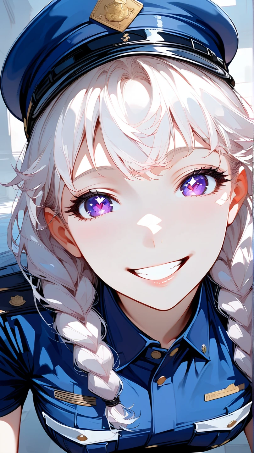 (masterpiece, best quality:1.2), 1 girl, unique, police uniform, short skirt, star-shaped pupils, detailed beautiful glistening purple eyes, detailed mouth, happy expression, canine teeth, bright smile, white hair in braids, grabbing police cap with one hand, (from above: 1.3), full body, creative accessories, creative background, parted lips, Lying on top