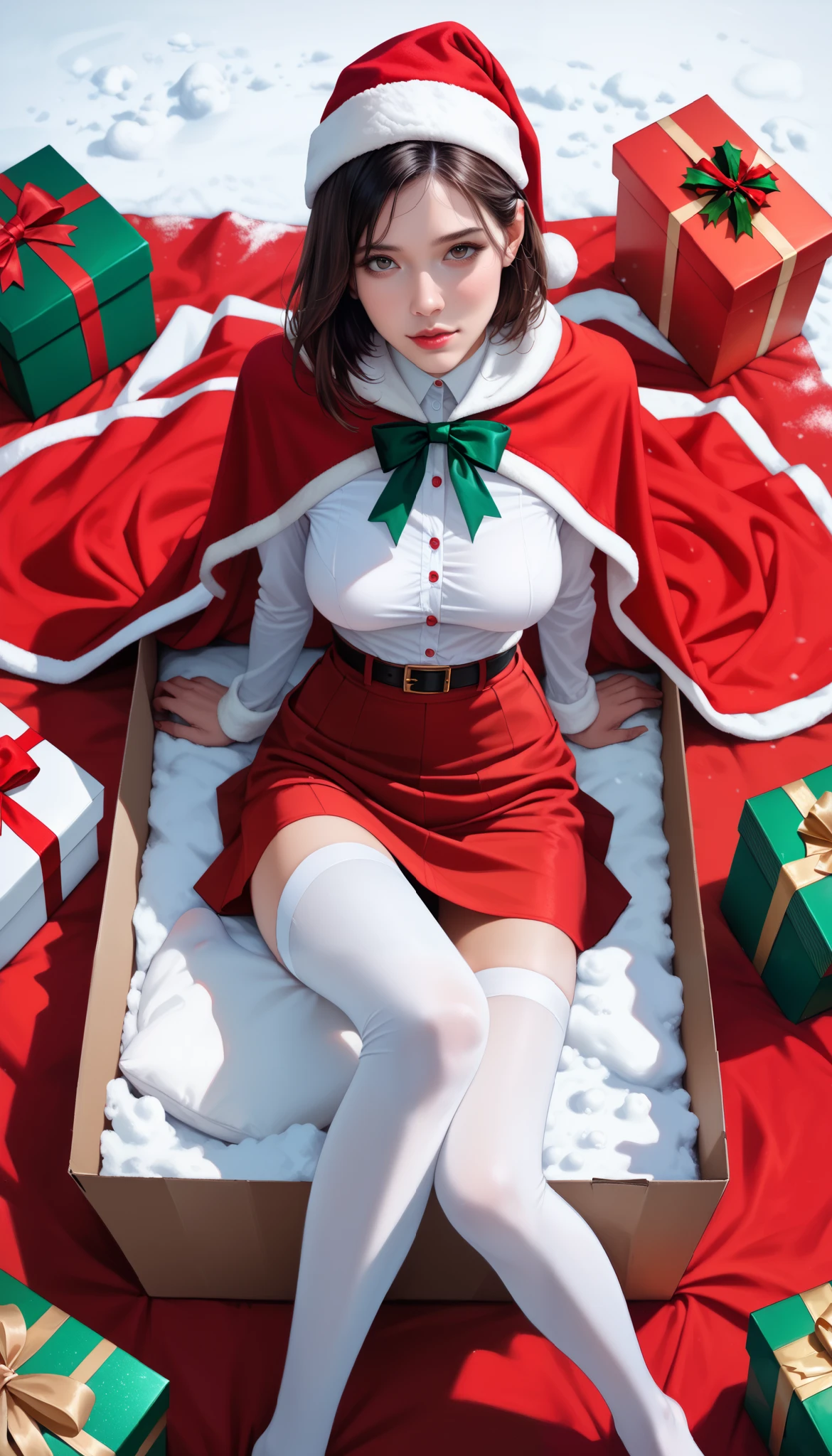 score_9,score_8_up,score_7_up,high res image,masterpiece,best quality,realistic,1girl,santa_costume,white_shirt,(red cape:1.2),(red skirt:1.2),snow,(from_above:1.2),(sitting in a gift box:1.3),(white stockings:1.4),(face focus:1.2),(medium breasts:1.3),