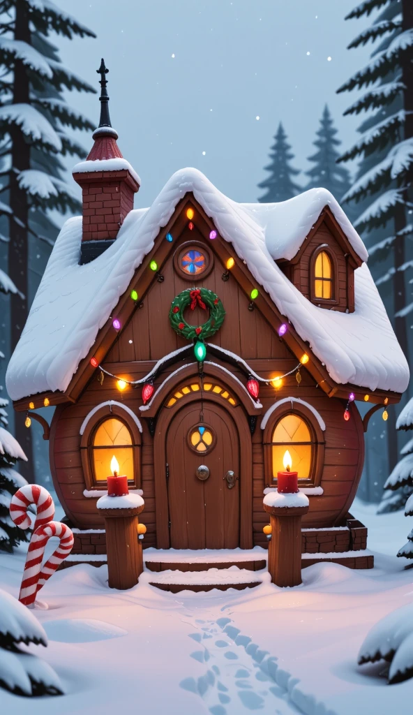 3D cartoon style Christmas cottage, shaped like an apple, decorated with colorful lights and candy canes, the roof covered with thick snow, surrounded by snow-covered pine trees, creating a joyful festive atmosphere